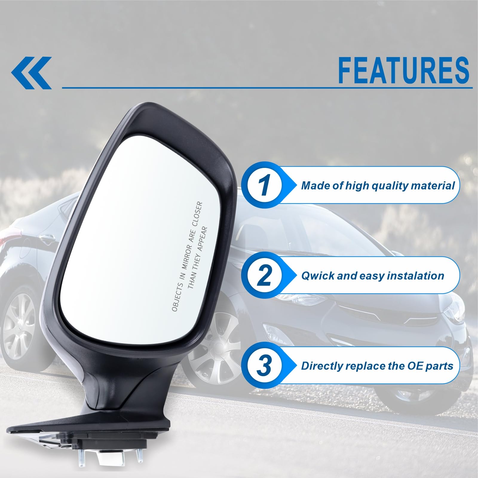 Right Passenger Side Mirror Compatible With 2011 2012 2013 Hyundai Elantra With Manual folding Power Glass Heated Black Replace#