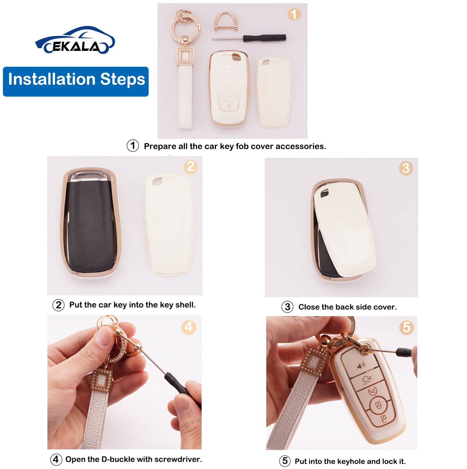 EKALA for Ford Key Fob Cover with Leather Key Fob Keychain, 5 Buttons Soft TPU Keys Shells Girly White Key Fob Cover Compatible