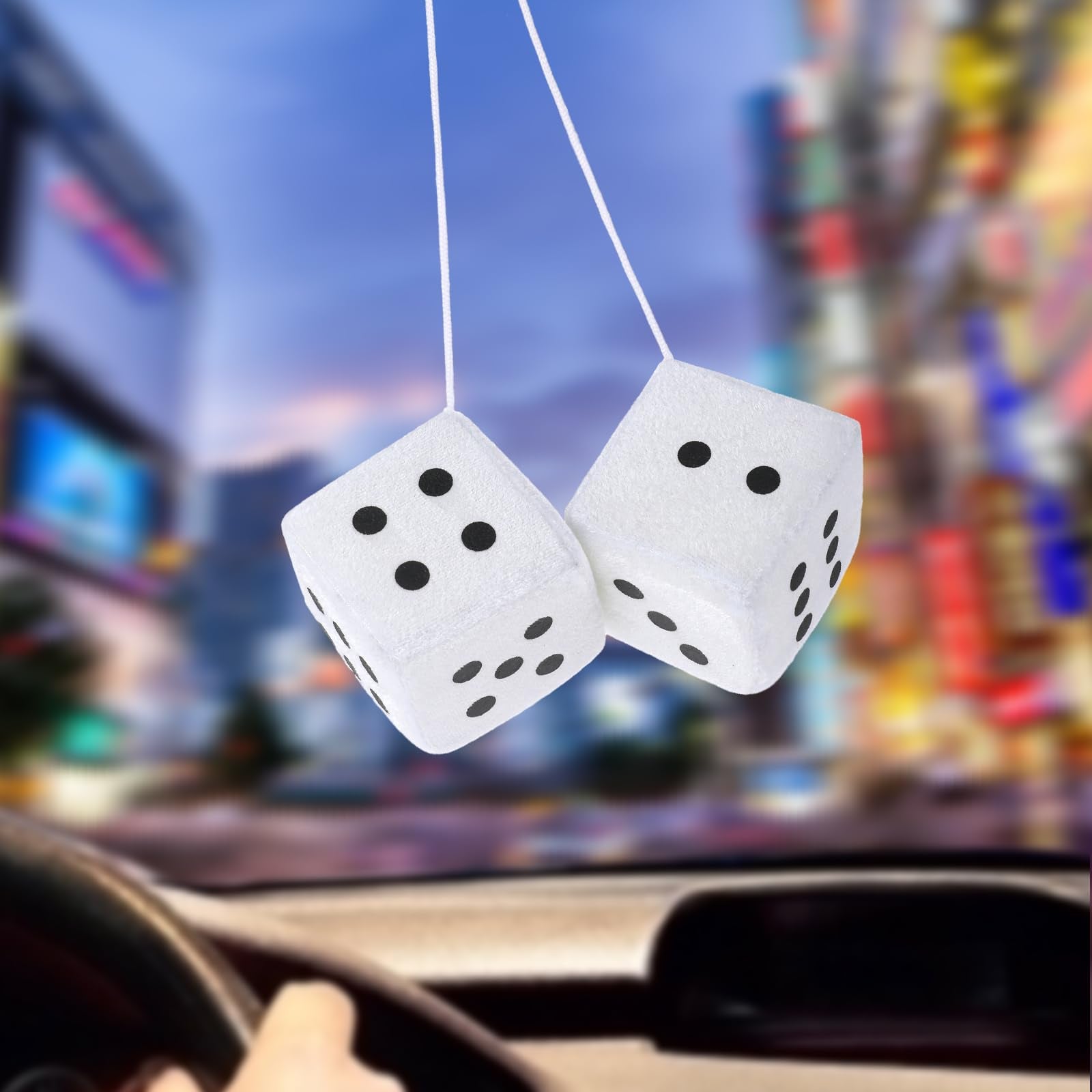 Fuzzy Dice For Rear View Mirror, White Fuzzy Dice For Car Mirror, 2.75Inch Pair Of Plush Retro Square Hanging Dice With White Do