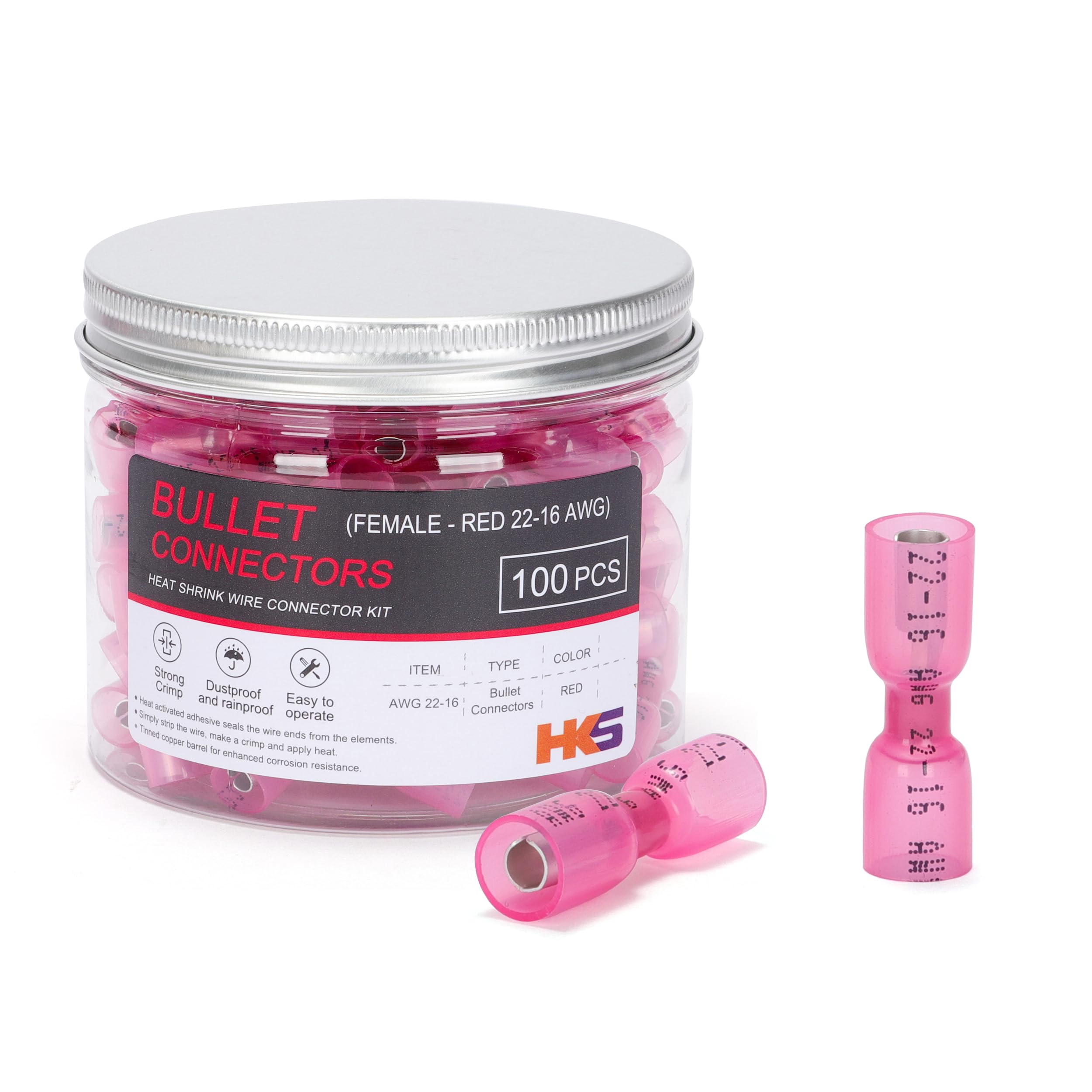 Hks 100 Pcs Heat Shrink Female Bullet Connector - Red 22-16 Awg - Electrical Wire Connectors Kit - Tinned Copper - Automotive Ma