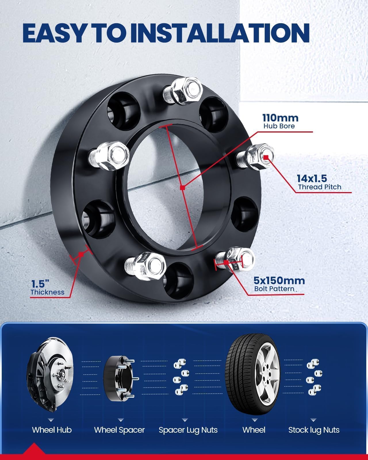 Kax 5X150 Wheel Spacers,Forged 1.5 Inch 5 Lug Hub Centric Wheel Spacers With M14X1.5 Studs 110Mm Hub Bore,Fit For Tundra,Sequoia
