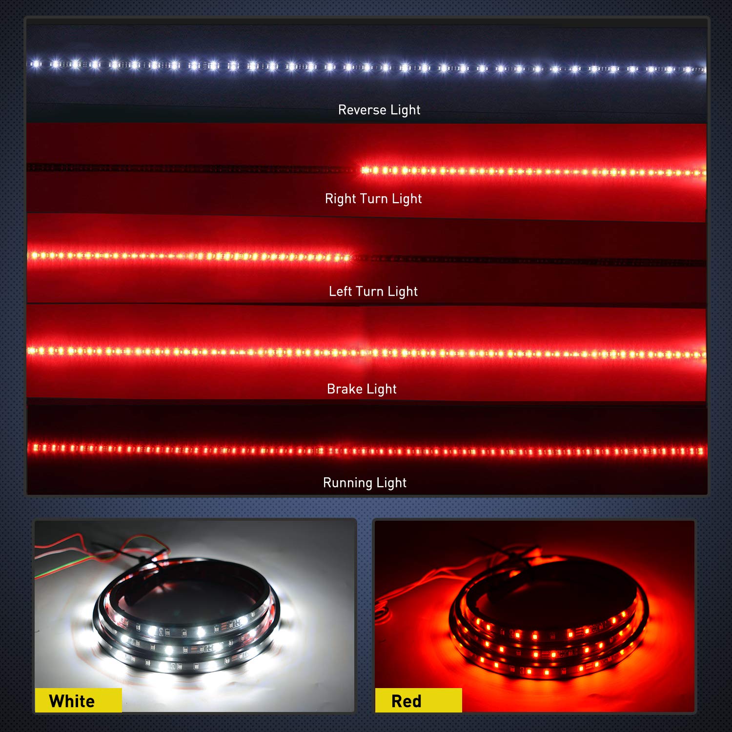 Nilight 48” LED Tailgate Light Strip, 90 LEDs Red/White, Silicone, Model TR-11, Running/Brake/Reverse Light, 2 Years Warranty