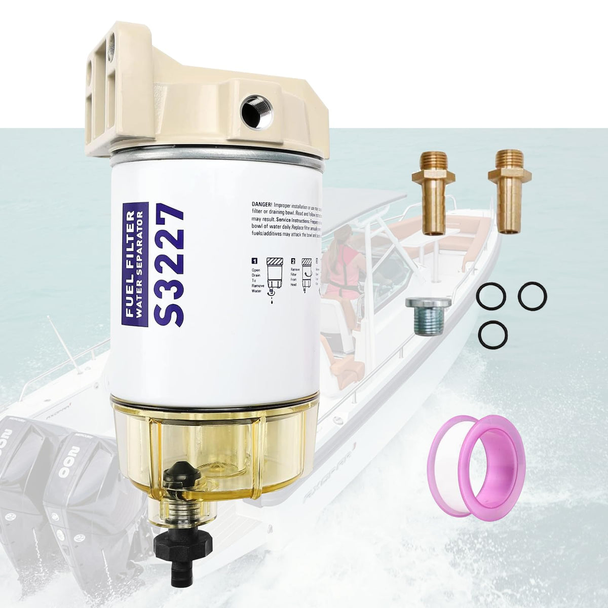Marine Fuel Water Separator Filter for Mercury Outboards - S3277 Replaces OEM Part Numbers S3227, 320R, 490R-RAC-01, 18-7948, 9-