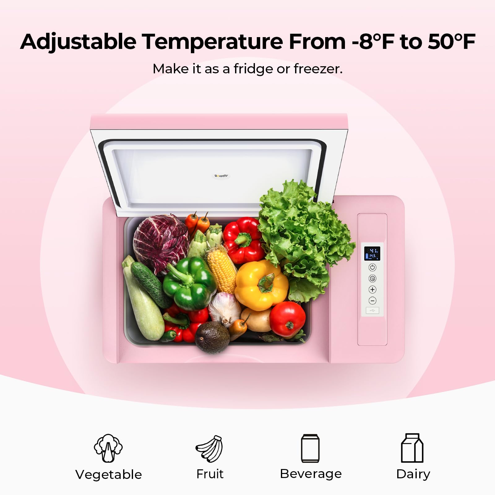 Bougerv Pink 23Quart Portable Refrigerator, 12 Volt Fridge 22L, Portable Freezer Compressor Cooler 12/24V Dc 110~240 Volt Ac For