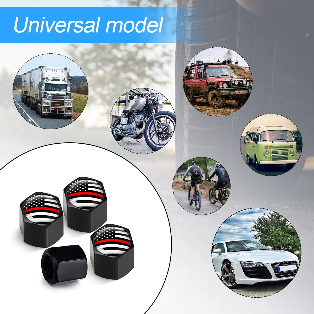 4Pcs American Flag Tire Valve Stem Caps For Car, Auto Anti-Rust Airtight Rubber Valve Stem Covers, Leakproof Wheel And Tire Exterior Accessories Universal For Car, Bikes,Vehicles (Black/Red)