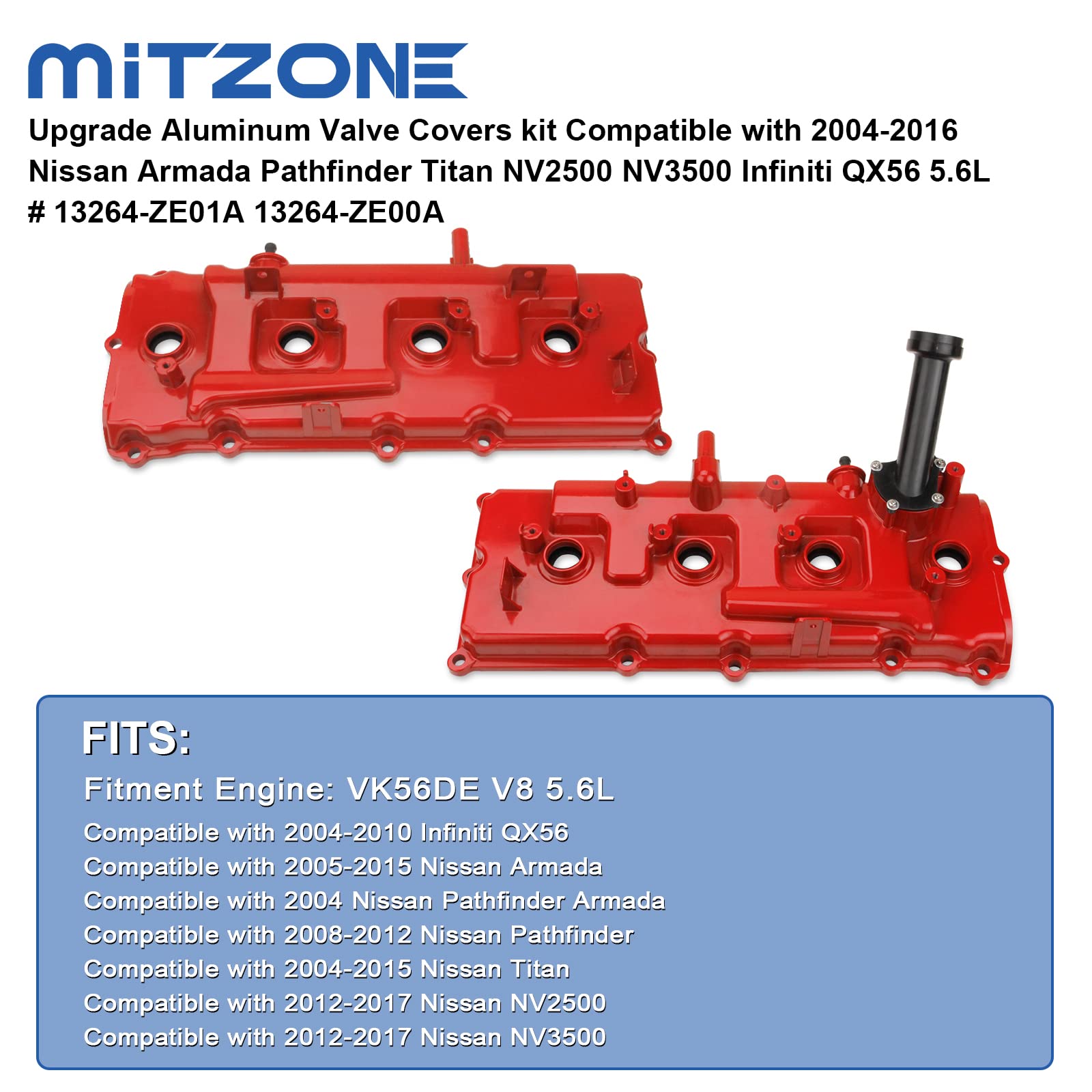 Mitzone Upgrade Aluminum Valve Covers Kit Compatible With Nissan Armada Titan 2004-2016 Pathfinder 2008-2012 Nv2500 Nv3500 2012-2017 Infiniti Qx56 2004-2010 V8 5.6L # 13264-Ze01A 13264-Ze00A (Red)