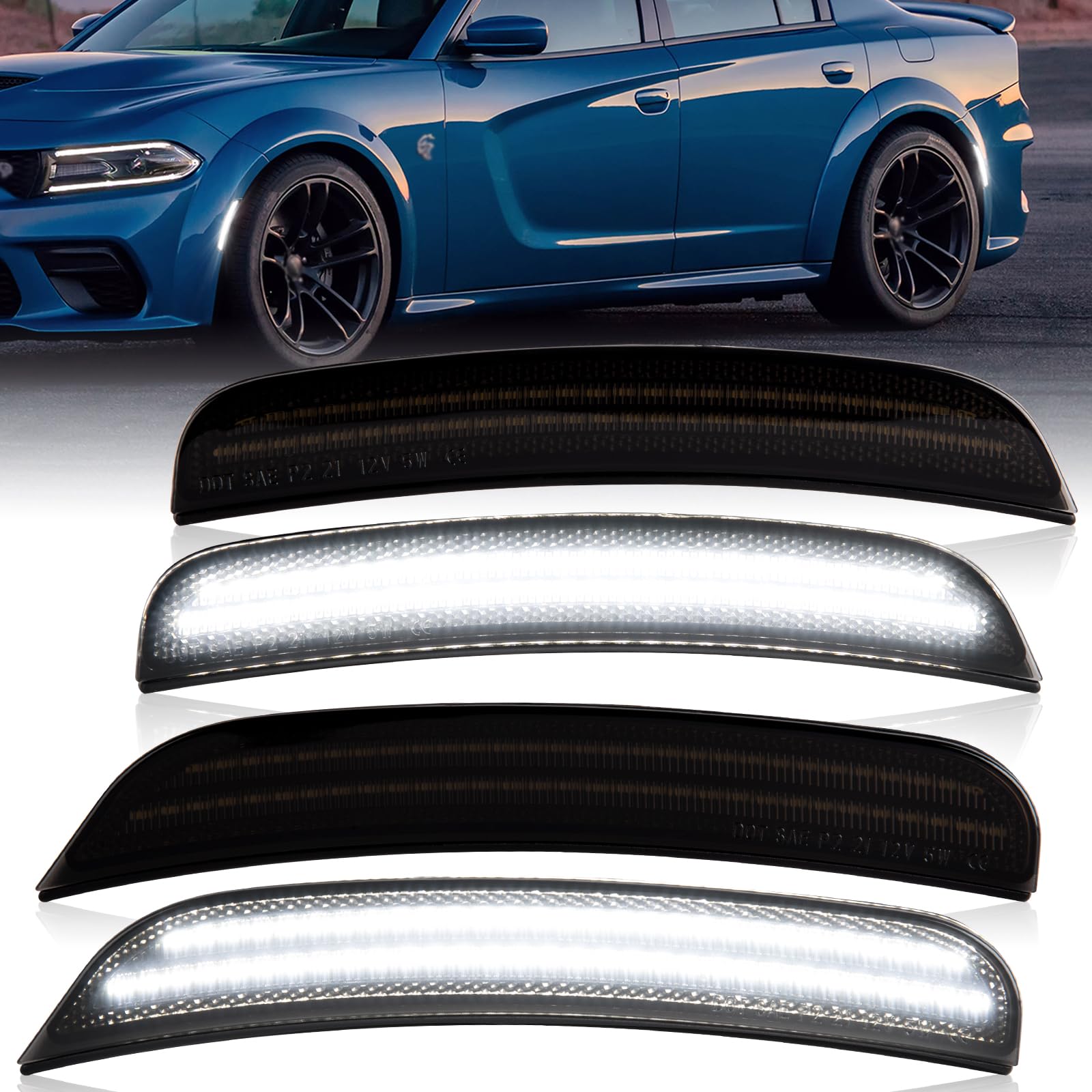 Gempro Led Side Marker Lights Compatible With Dodge Charger Ld 2015-2023 Front Rear Bumper Marker Lamps Smoked Len, 4Pcs (White