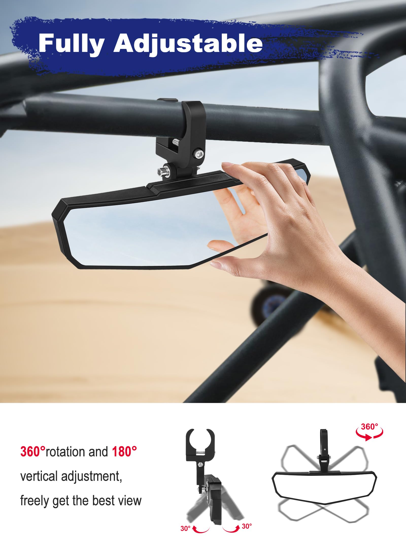 ZIDIYORUO UTV Rear View Mirror, Adjustable SXS RZR Center Rearview Mirror with Aluminum Clamp Fit for 1.5-2 Roll Bar, Compat