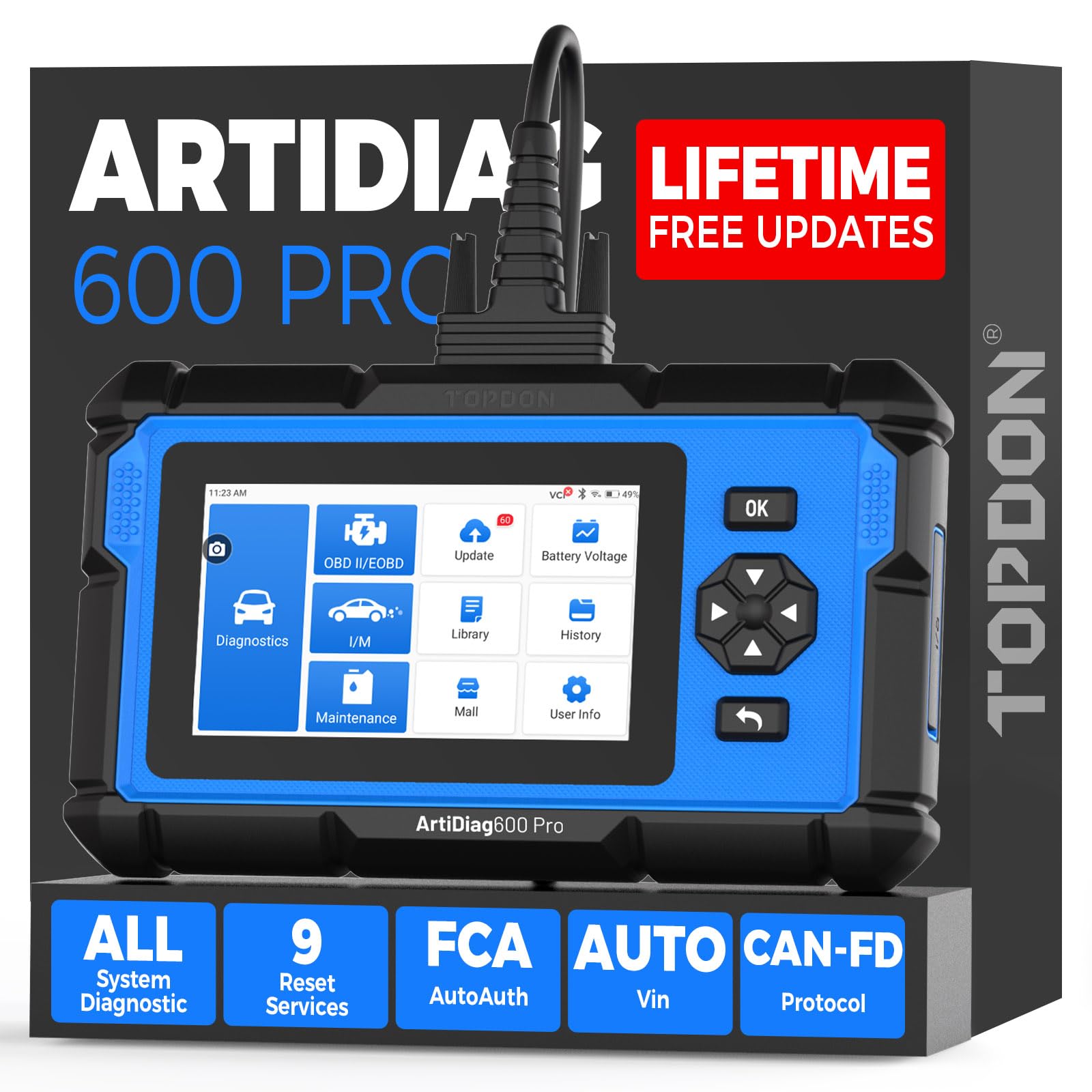 TOPDON ArtiDiag600 Pro, OBD2 Scanner Diagnostic Tool for All Systems, Code Reader Scan Tool with 9 Essential Maintenance Functio