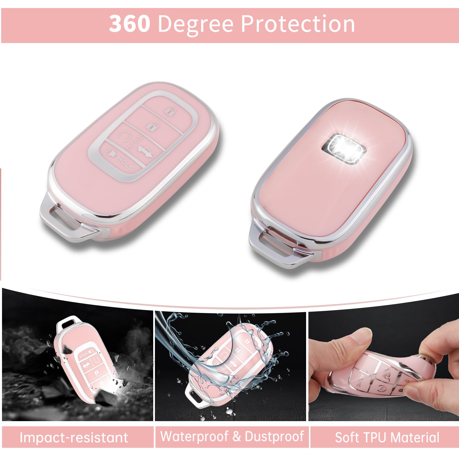 Pangpai Pink Key Fob Cover for Honda, Soft TPU Key Case Protection with Bling Keychain Fit for 2022 Honda Accord Civic CRV Pilot
