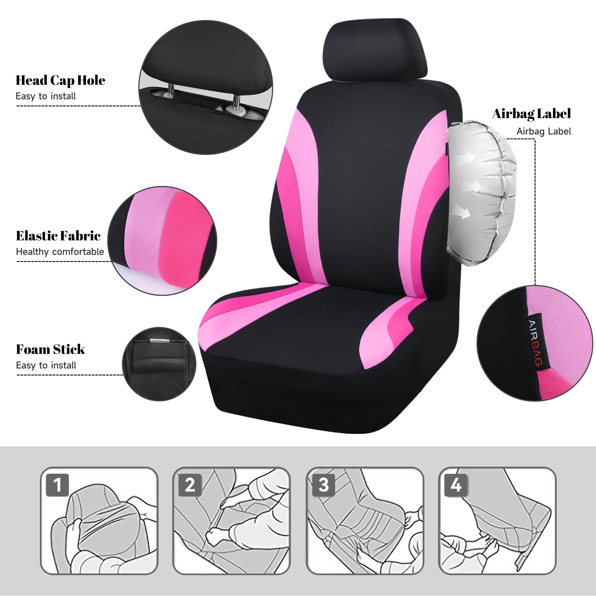 Car Pass Line Rider Sporty Front Seat Covers,Pink Car Seat Covers Two Front Seats Only For Cute Women Girl, Airbag Compatible,Un