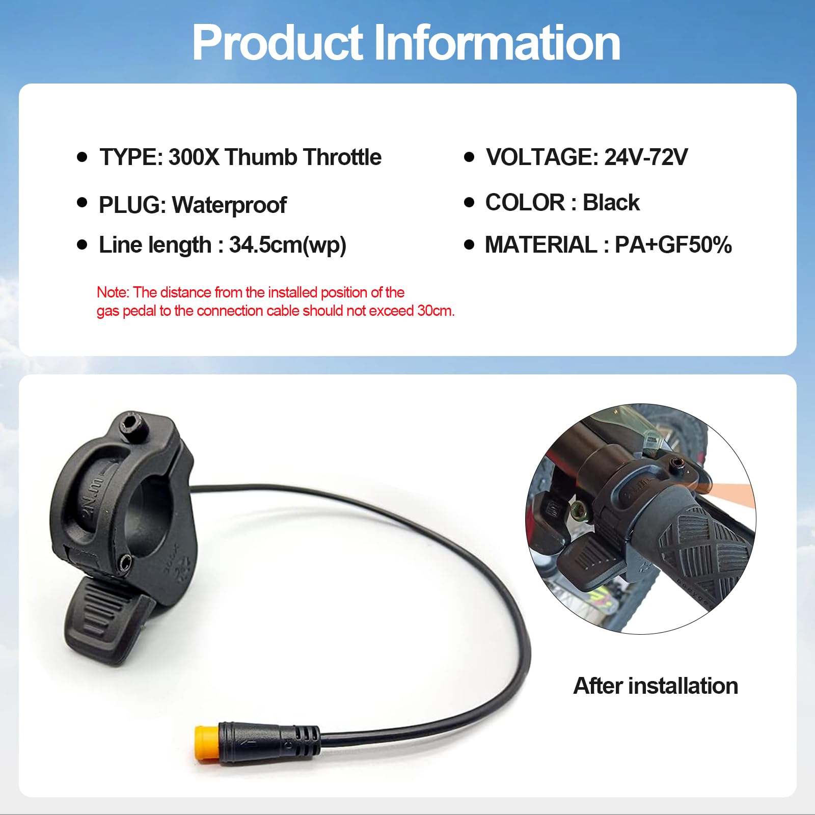 HUSETOO Electric Throttle 300X Thumb Throttle for 7/8inch 22mm Left and Right Handlebars 12v 24v 36v 48v 60v 72v Electric E-Bike