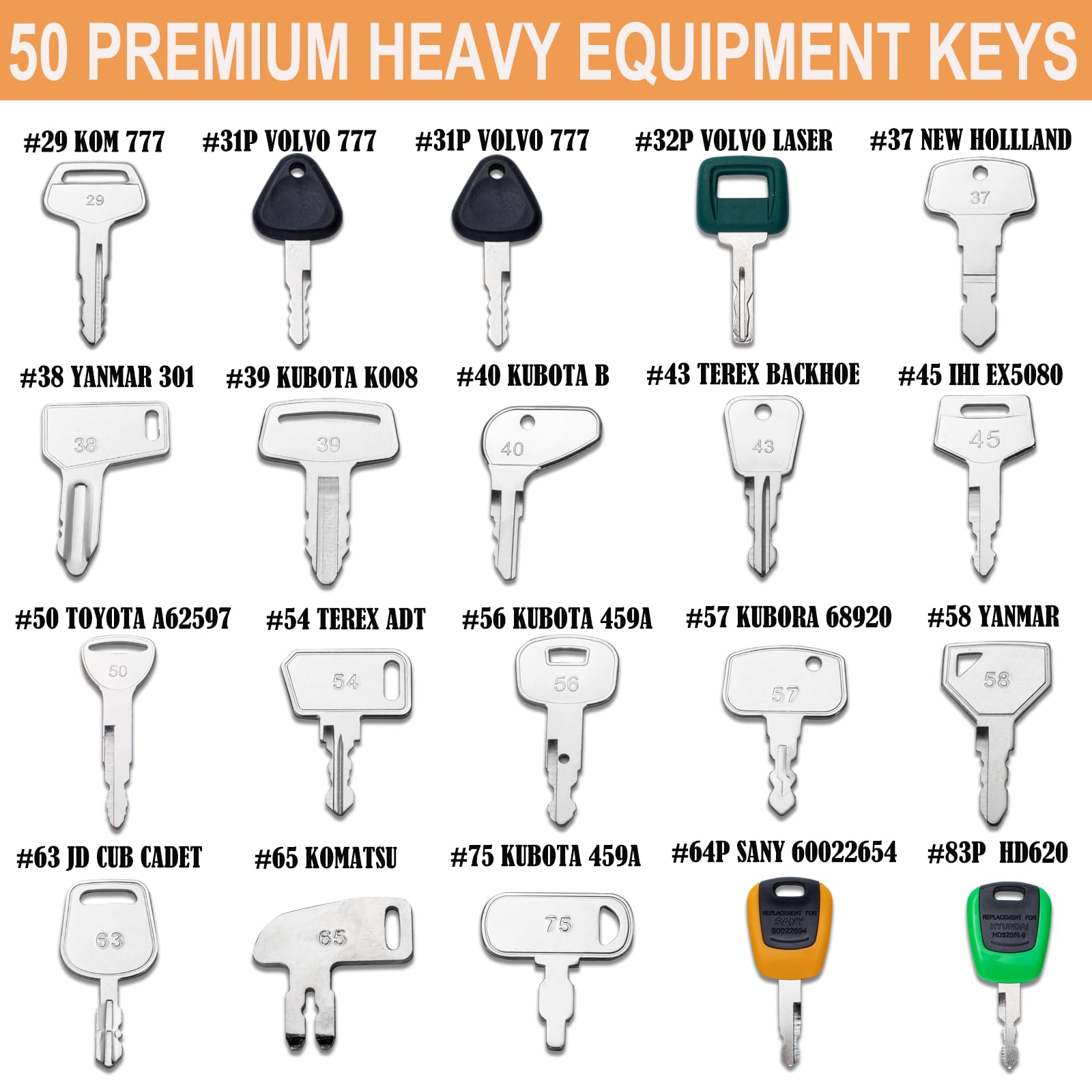 50 Heavy Equipment Keys Master Set Construction Ignition Keys Set Fits Catrepillar Case Jd Gehl Jcb Hyster Jlg Komatsu Kubota Ya