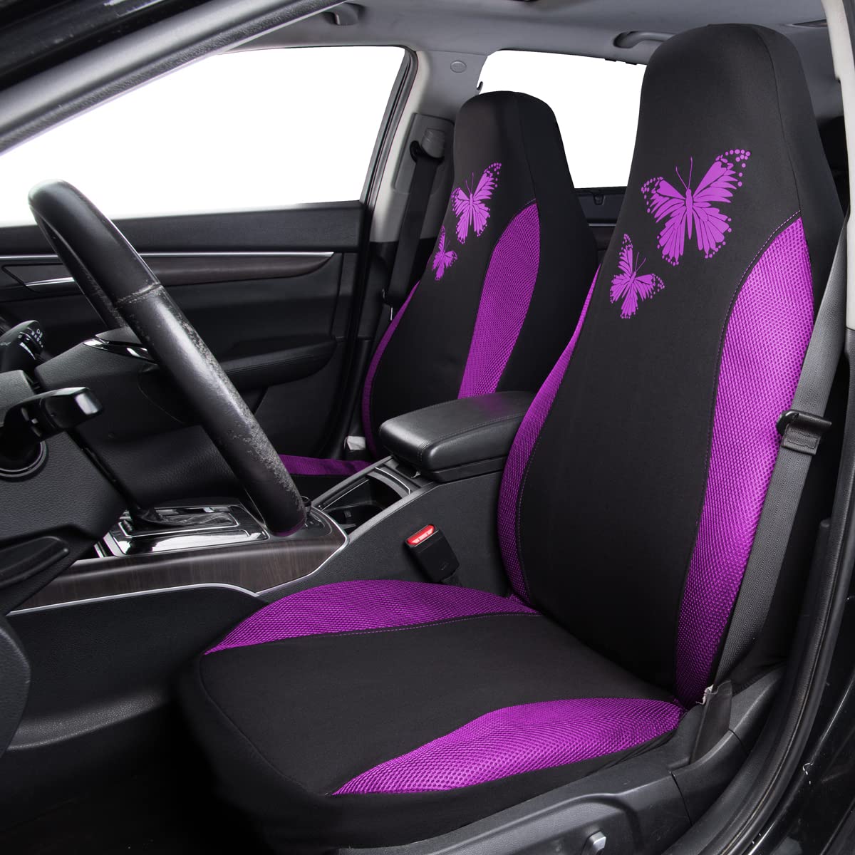 Flying Banner Butterfly Car Seat Covers Ful Set Fashion Universal Lady Woman Female Rear Bench Split Colorized (2 Fronts, Purple