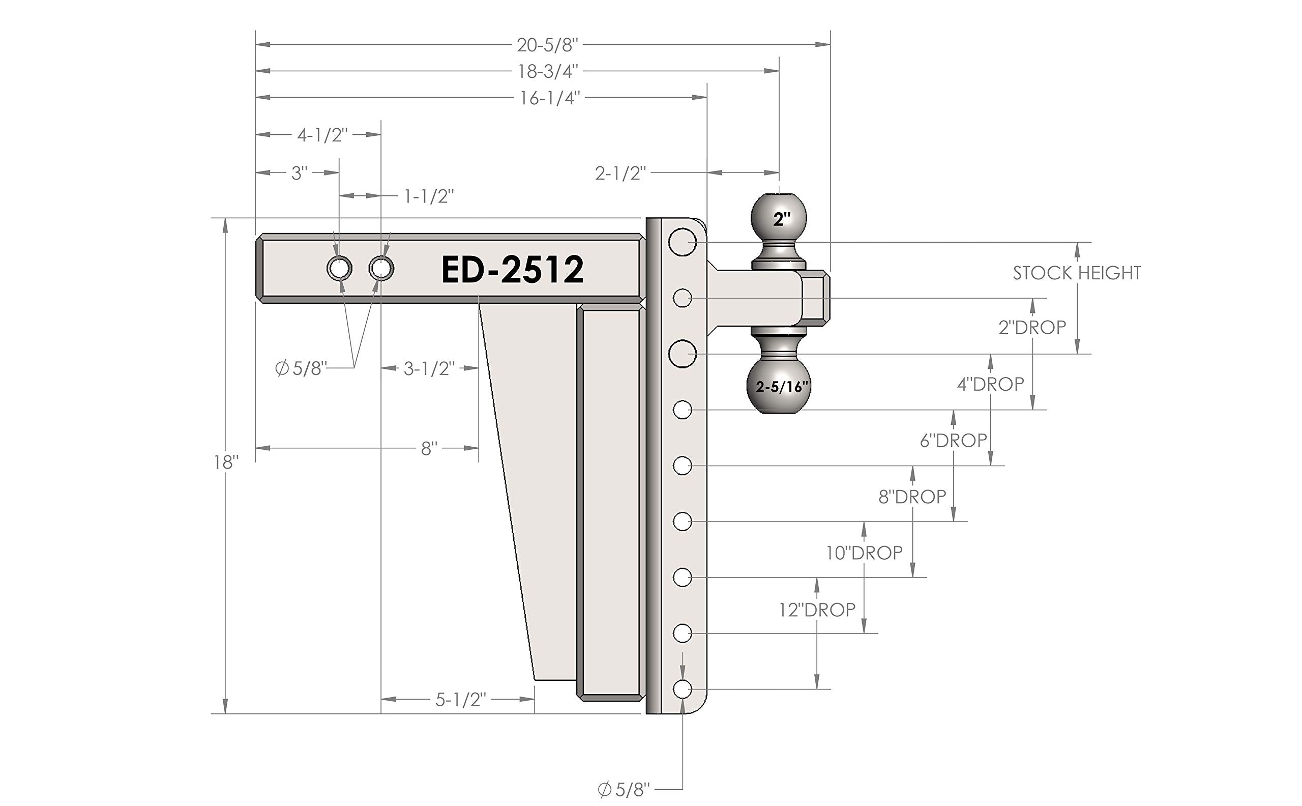Bulletproof Hitches 2.5'' Adjustable Extreme Duty (36,000Lb Rating) 12'' Drop/Rise Trailer Hitch With 2'' And 2 5/16'' Dual Ball