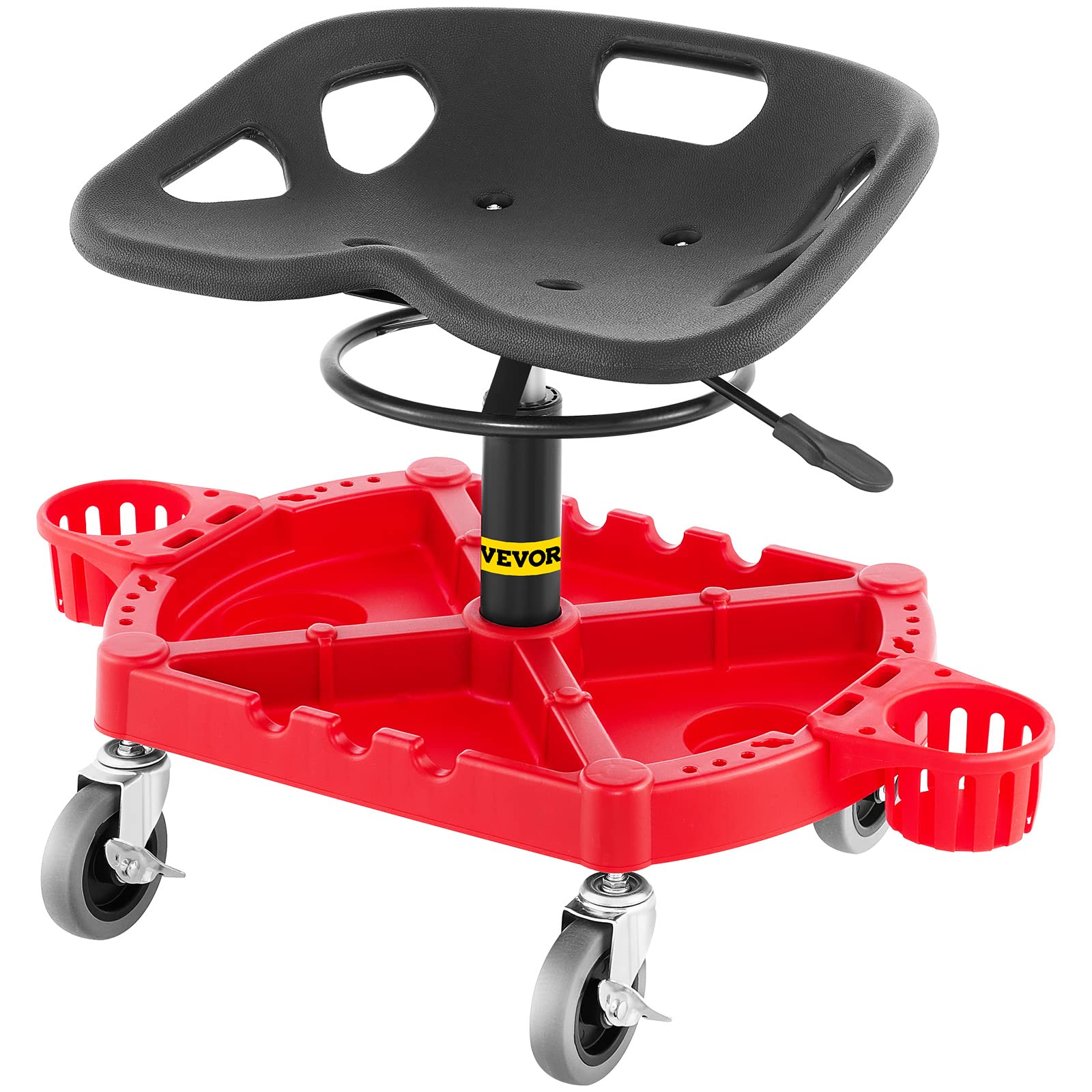 Vevor Rolling Garage Stool, 300Lbs Capacity, Adjustable Height From 18 In To 23 In, 360-Degree Swivel Wheels (4'), Large Tool Tray With Two Bottle Holder, For Workshop, Auto Repair Shop, Red
