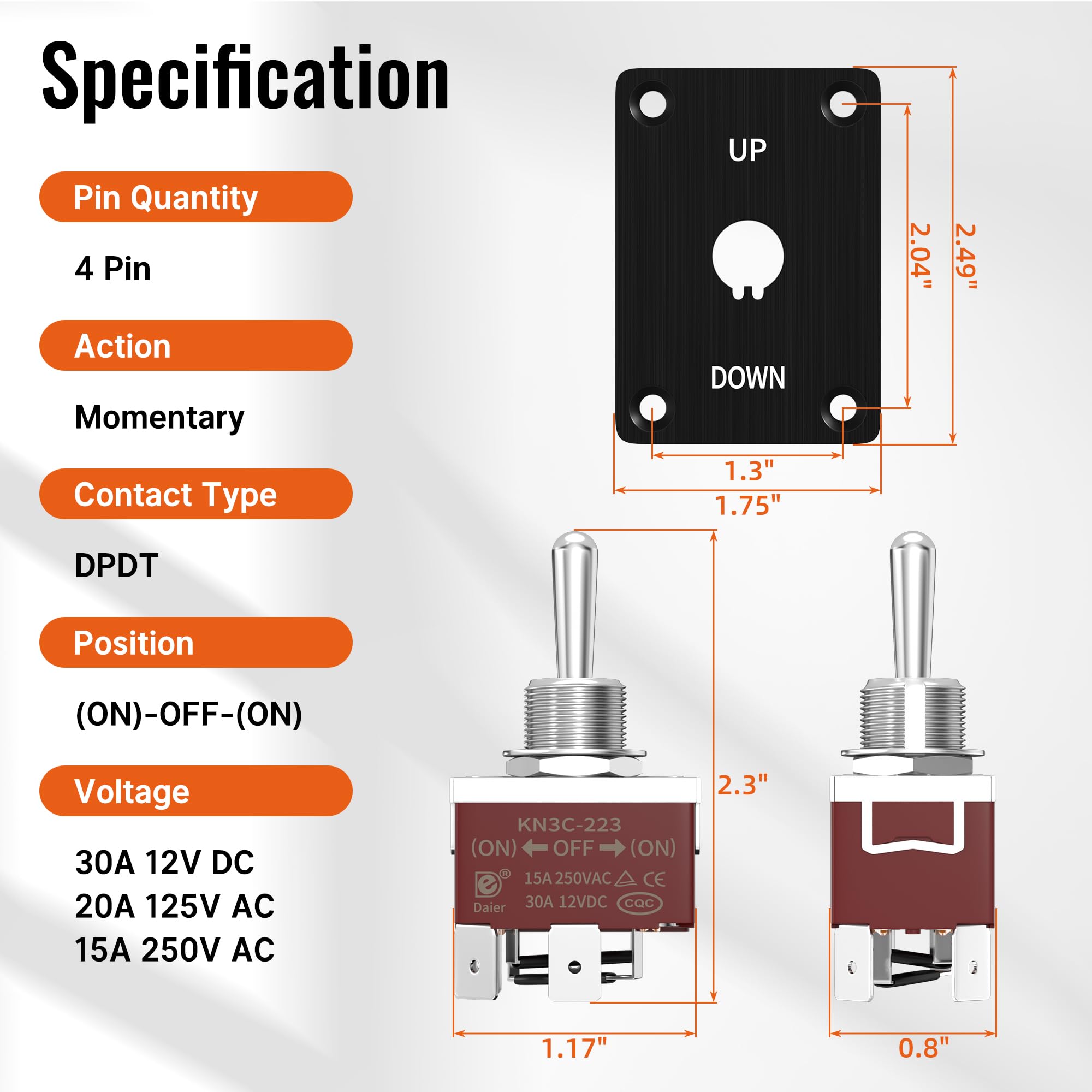 RVBOATPAT Reverse Polarity Toggle Switch 12V 30A, DPDT Momentary (ON)-Off-(ON) Toggle Switch with Up Down Mounting Panel 3 Posit
