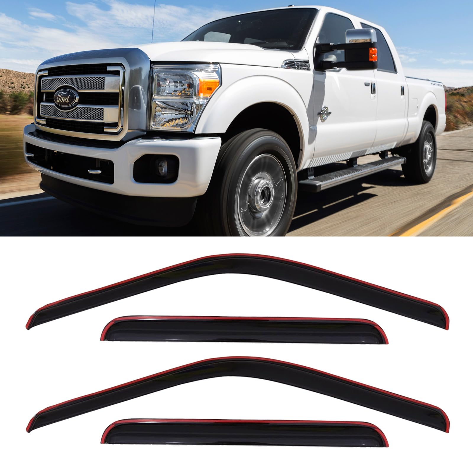 In-Channel Window Rain Guards For 1999-2016 Ford F250 F350 F450 F550 Super Duty Supercrew Cab, Tape On Window Visors Vent Guard
