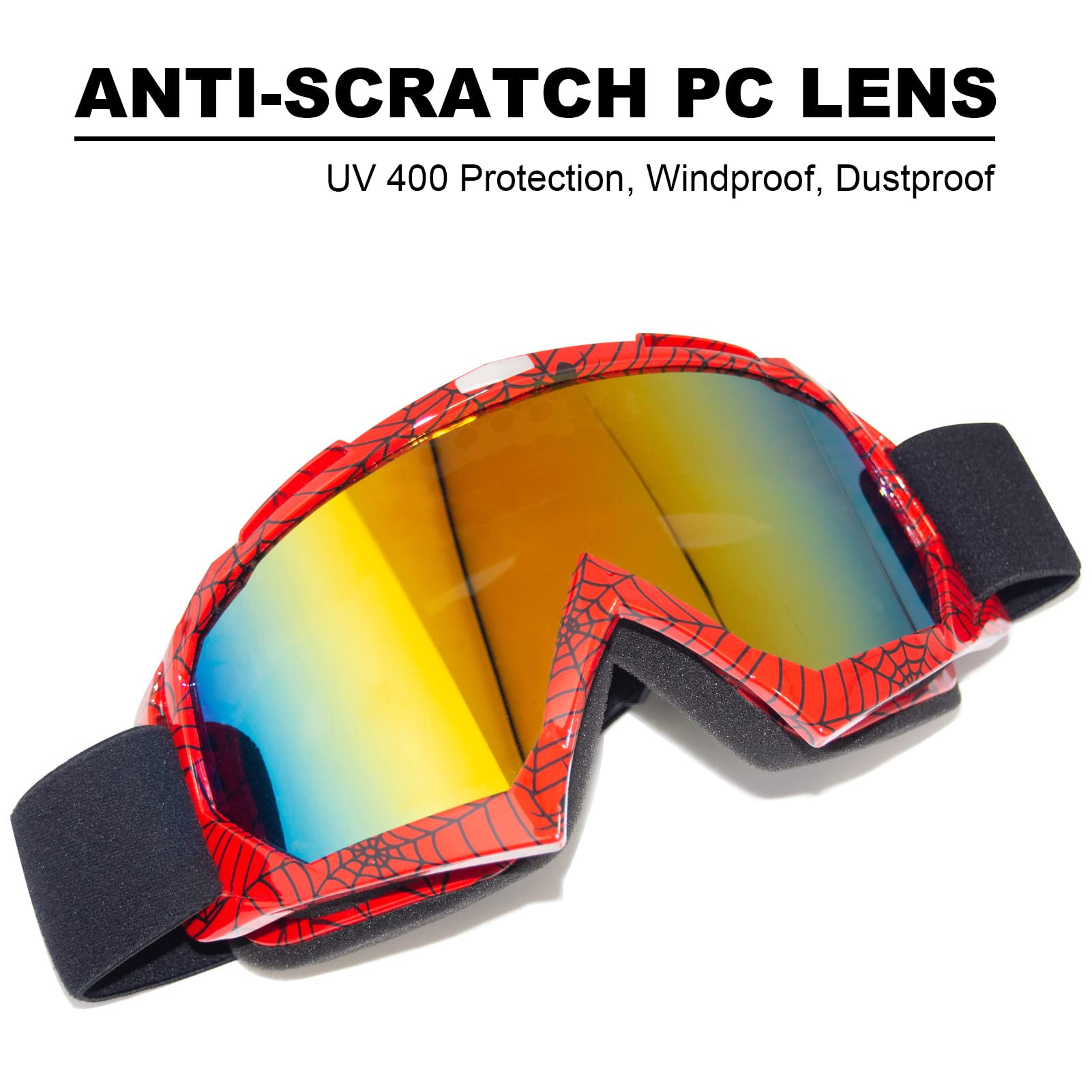 Spider Red Frame Motorcycle Goggles - Uv 400 Otg Offroad Goggles For Adults & Kids