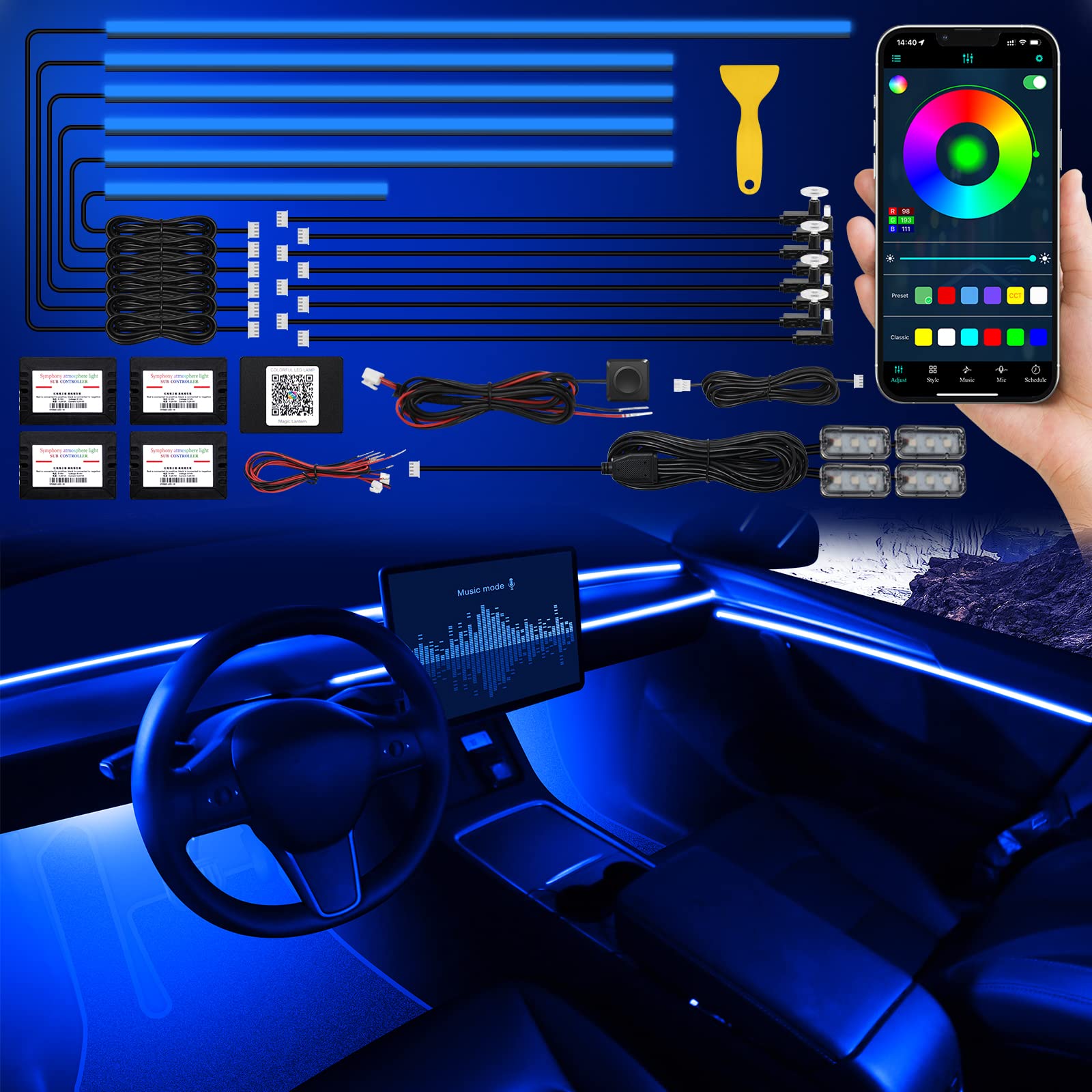 Acrylic Interior Car Led Strip Light With Wireless App, Rgb 18 In 1 With 175 Inches 593 Leds Fiber Optic Ambient Lighting Kits,