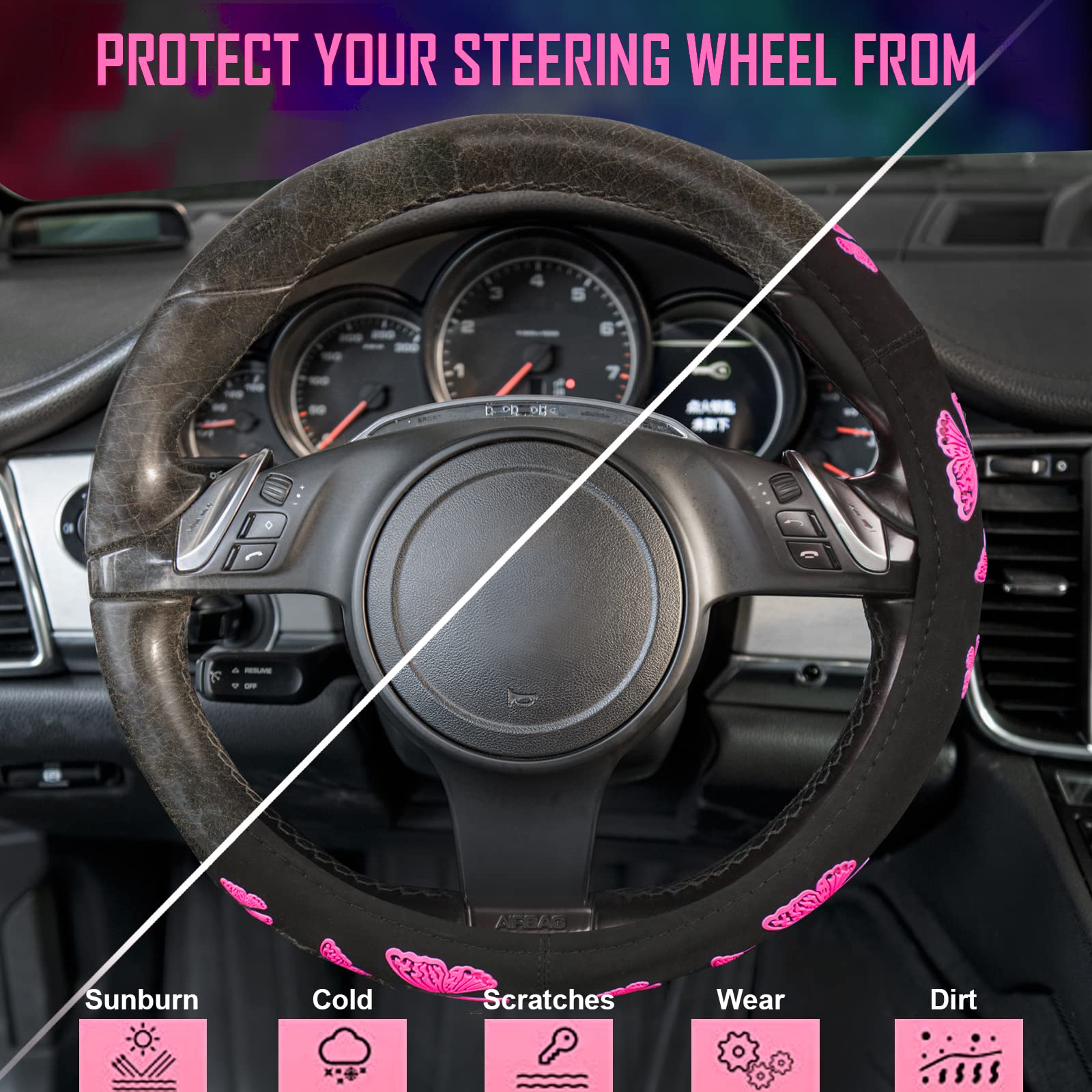 CAR PASS Hot Pink Butterfly Steering Wheel Cover - Universal Fit for SUVs, Trucks, Sedans & Cars - Cute Girly Accessory for Women