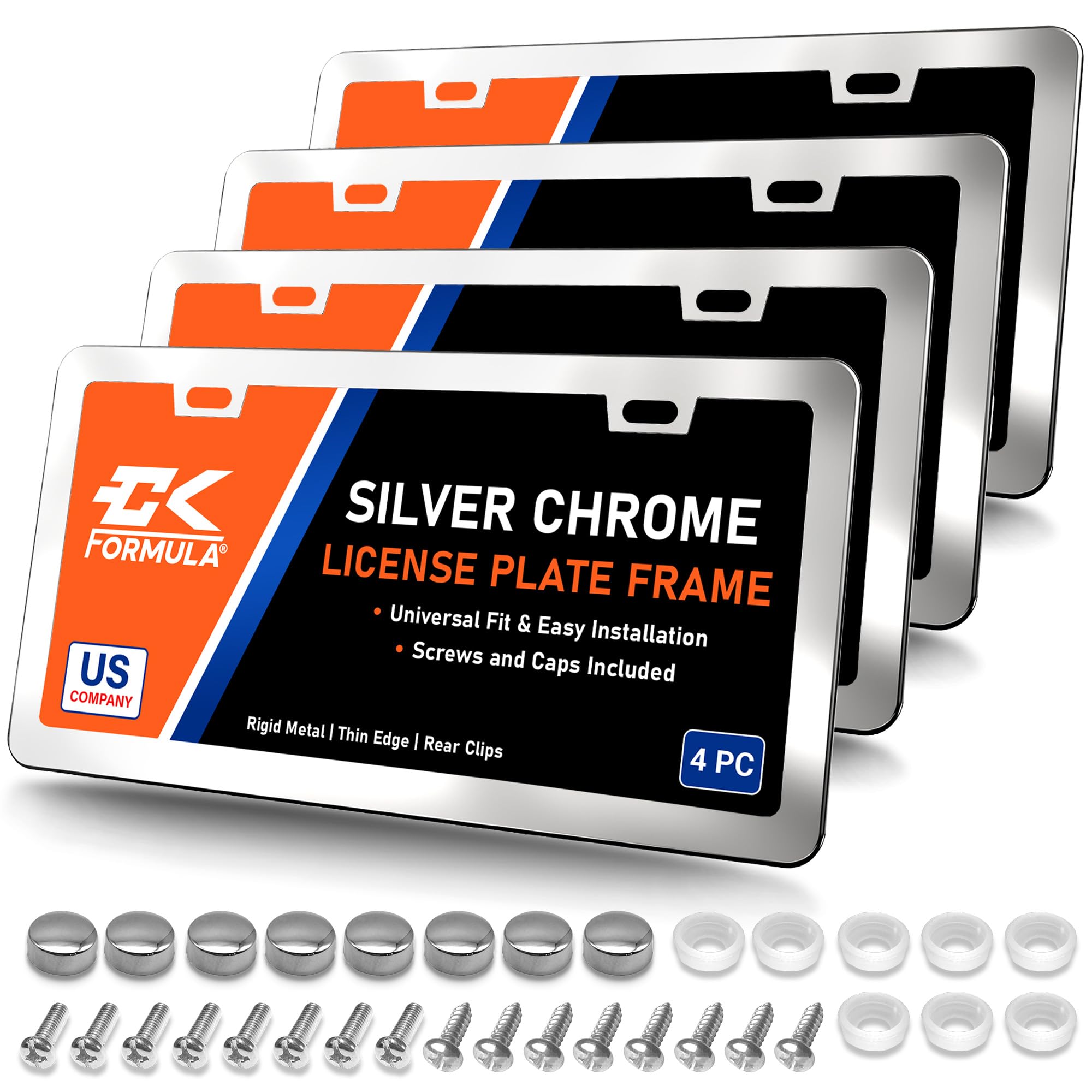 Silver Chrome License Plate Frames Metal - Value Pack Of 4, Car License Plate Holder For Men, Porta Placas Para Auto, Licence Ca