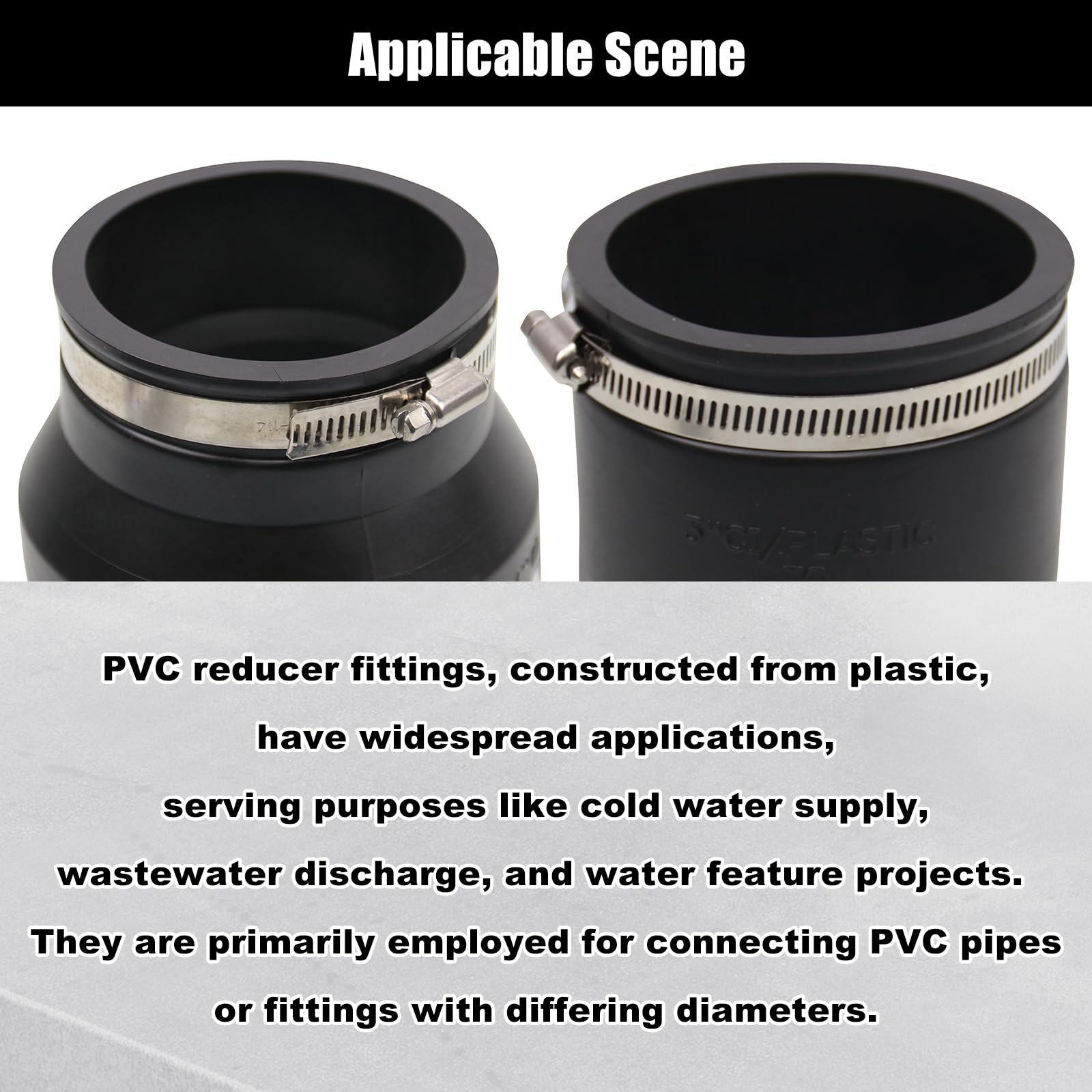 Rulline 4'' to 3'' & 3'' to 3'' Black PVC Reducer & Coupler with 4 Clamps - RV Plumbing Fittings Adapter