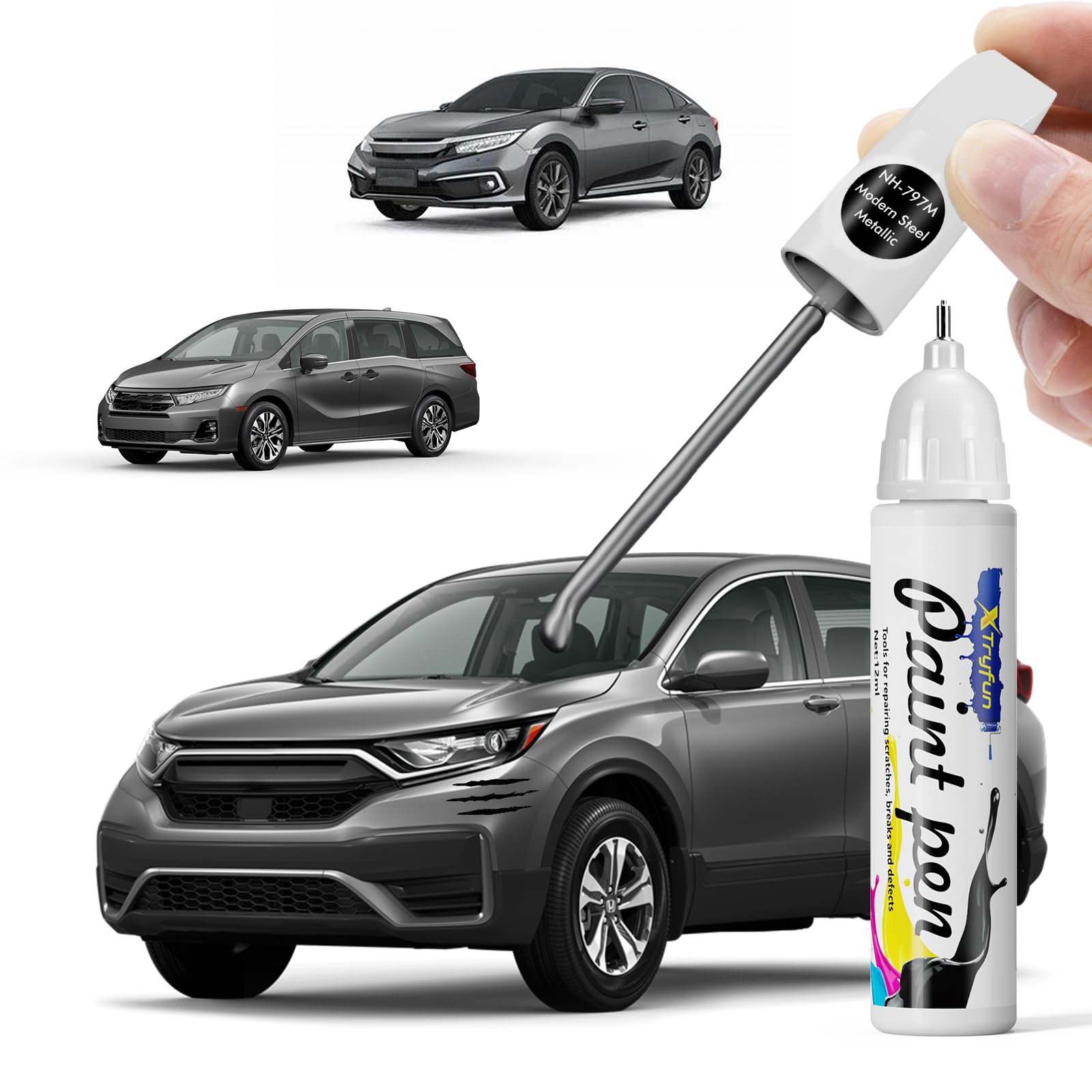 XTryfun Modern Steel Metallic (NH-797M) Touch Up Paint Compatible with Honda, DIY Car Paint Scratch Repair, Quick & Easy Fix Aut