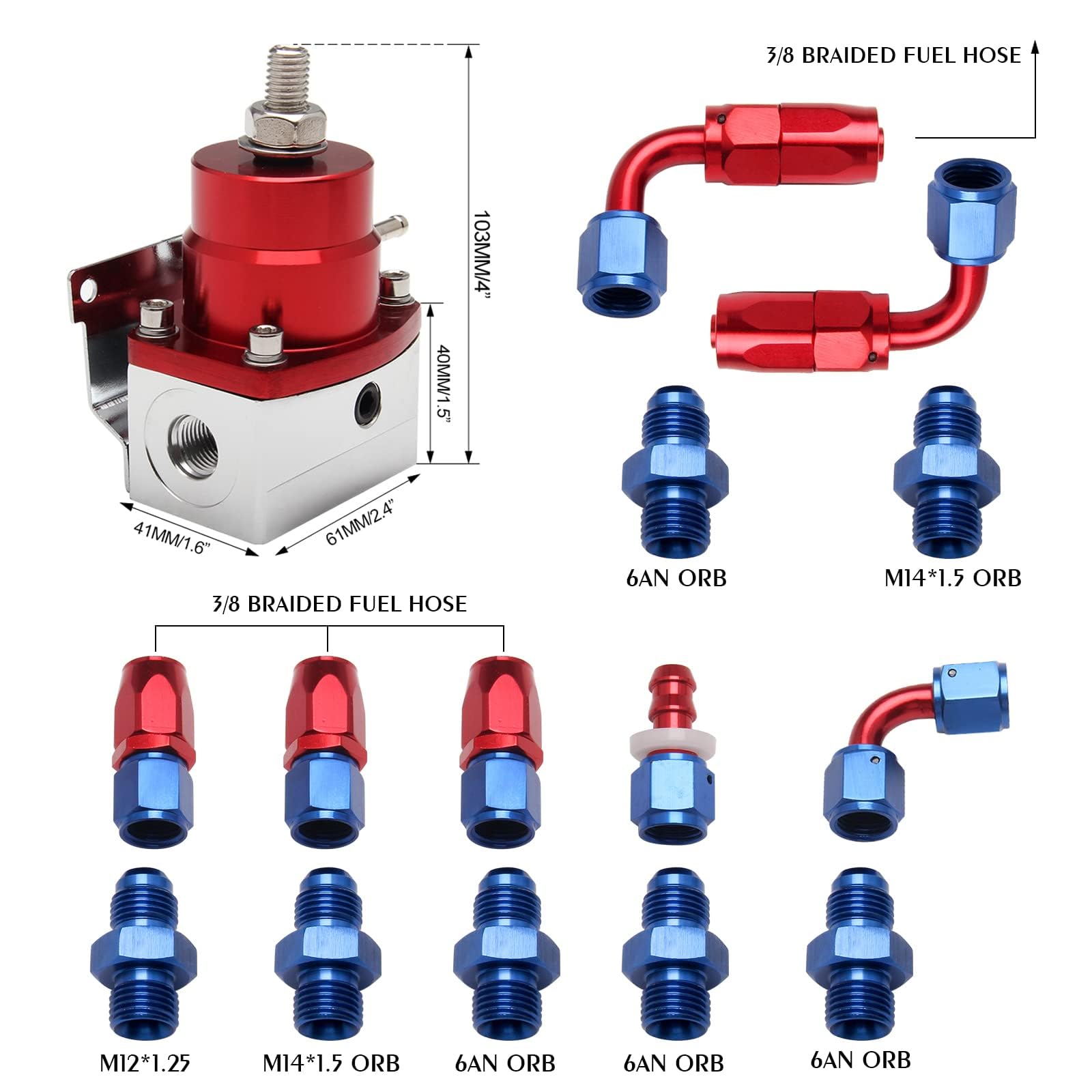 YESHMA EFI Fuel Pressure Regulator Kit 0-100psi with Gauge 6AN Fuel Line Fitting Universal Adjustable Aluminum (Blue+Red)