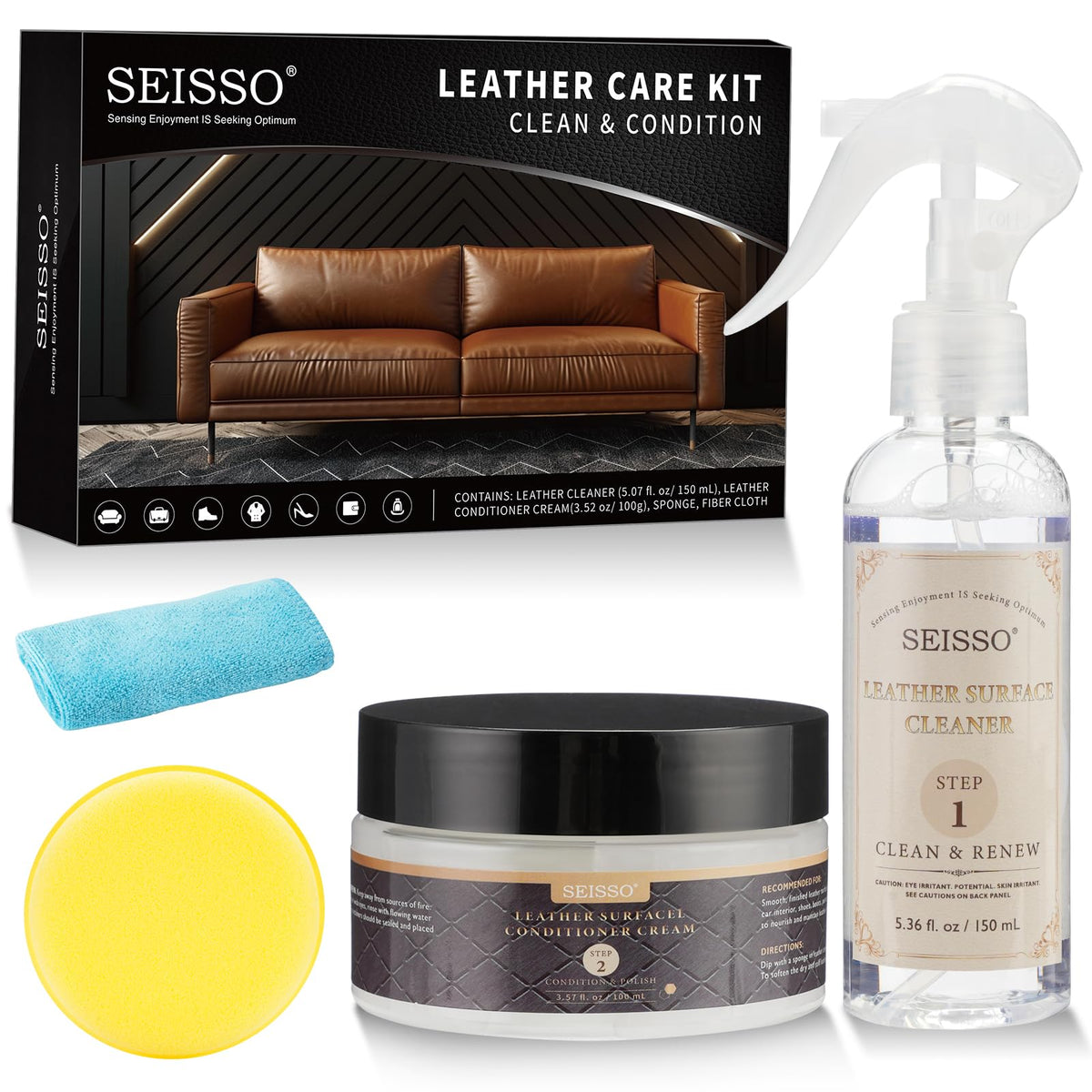 SEISSO Leather Cleaner and Conditioner Kit, Leather Care Set for Couch,Furniture,Auto Interior,Car Seat,Shoes,Boots,Bag,Purse,Ja