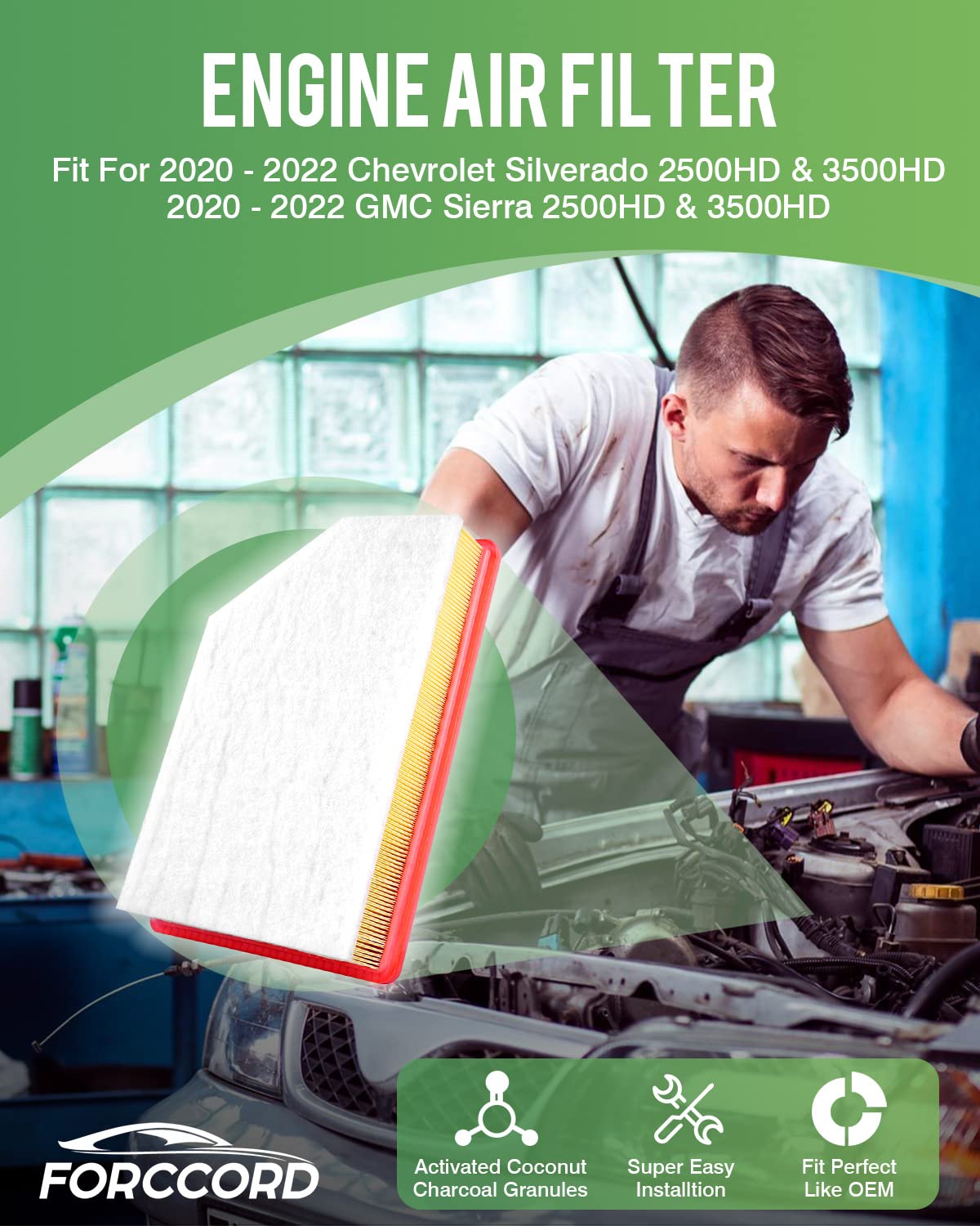 Forccord Cabin&Engine Air Filter Fit For Silverado 2500Hd/3500Hd (2020-2024), Gmc Sierra 2500Hd/3500Hd (2020-2024) Activated Car