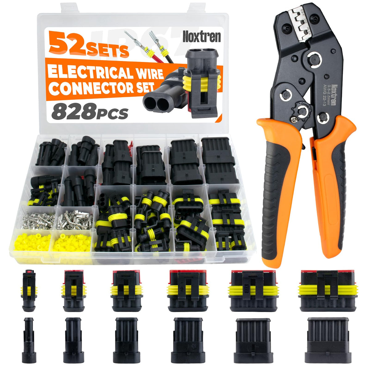 Noxtren 828Pcs 52 Sets Waterproof Automotive Electrical Wire Connectors with Ratcheting Wire Crimper, 1/2/3/4/5/6 Pin Plug Conne