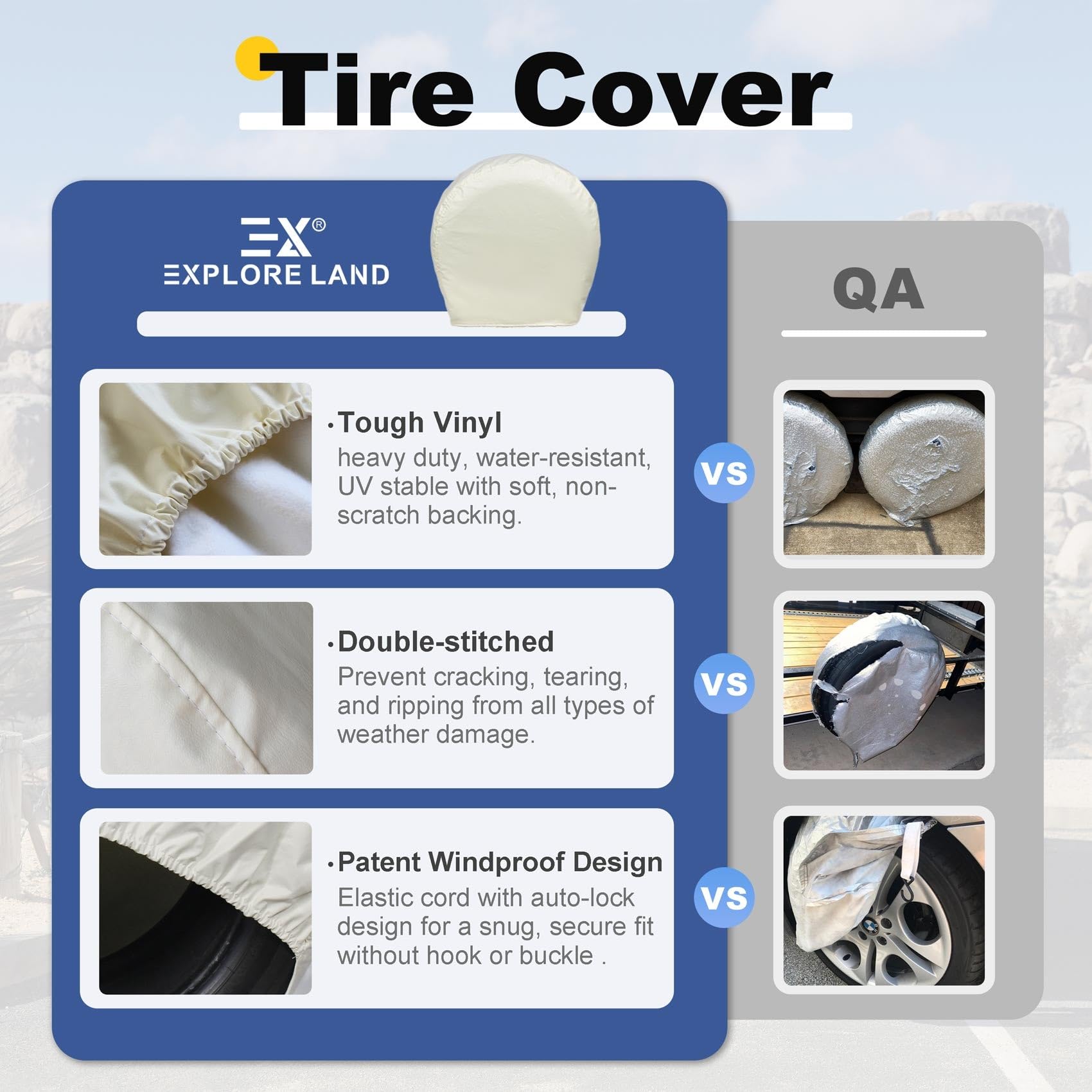 Explore Land Tire Covers 4 Pack - Tough Tire Wheel Protector For Truck, Suv, Trailer, Camper, Rv - Universal Fits Tire Diameters 39''-42'', White
