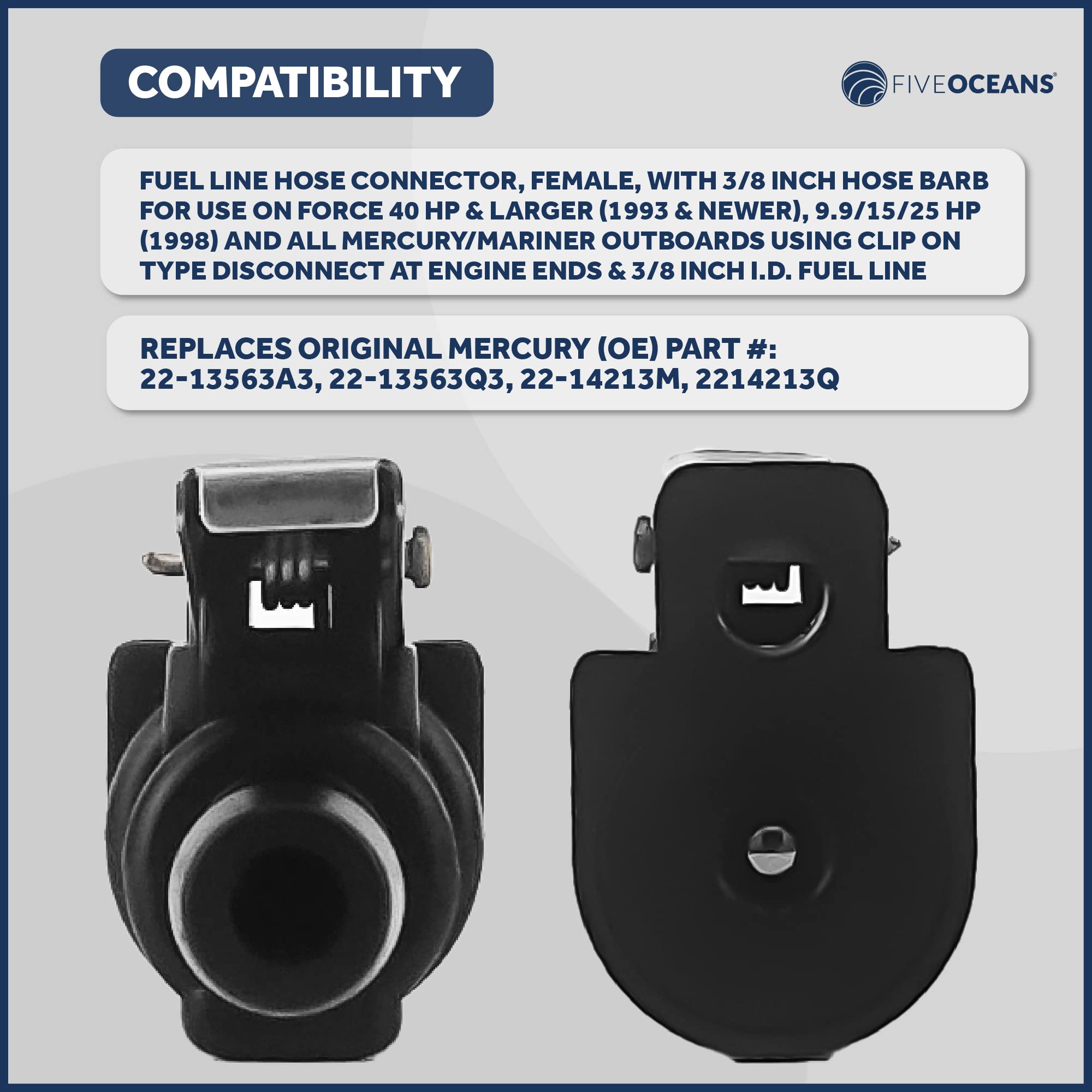Five Oceans 3/8-Inch Barb Female Fuel Line Quick Connector For Yamaha/Mercury Outboard Connections And Mercury Fuel Tank Side, Replaces Part 22-13563A3, 22-13563Q3, 22-14213M, 2214213Q - Fo2900
