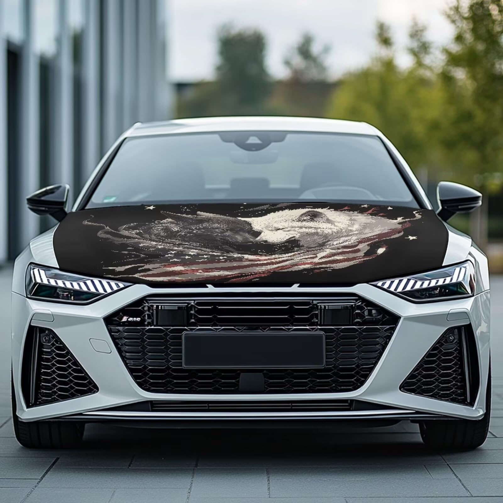 Cool Wolf American Flag Car Hood Cover Protector 59  39 Inch Auto Hood Wrap Blankets Stretchable Waterproof Sun Proof Auto Patri