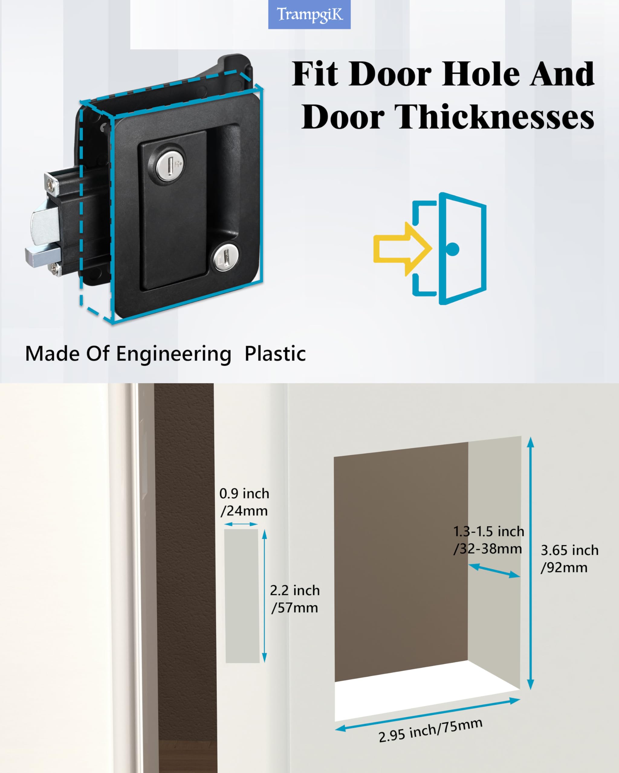 Engineering Plastic Camper Door Lock, Rv Door Lock Replacement, Fit 3.65'' X 2.95'' Hole, For Motorhome,Rv Camper,Entrance Front