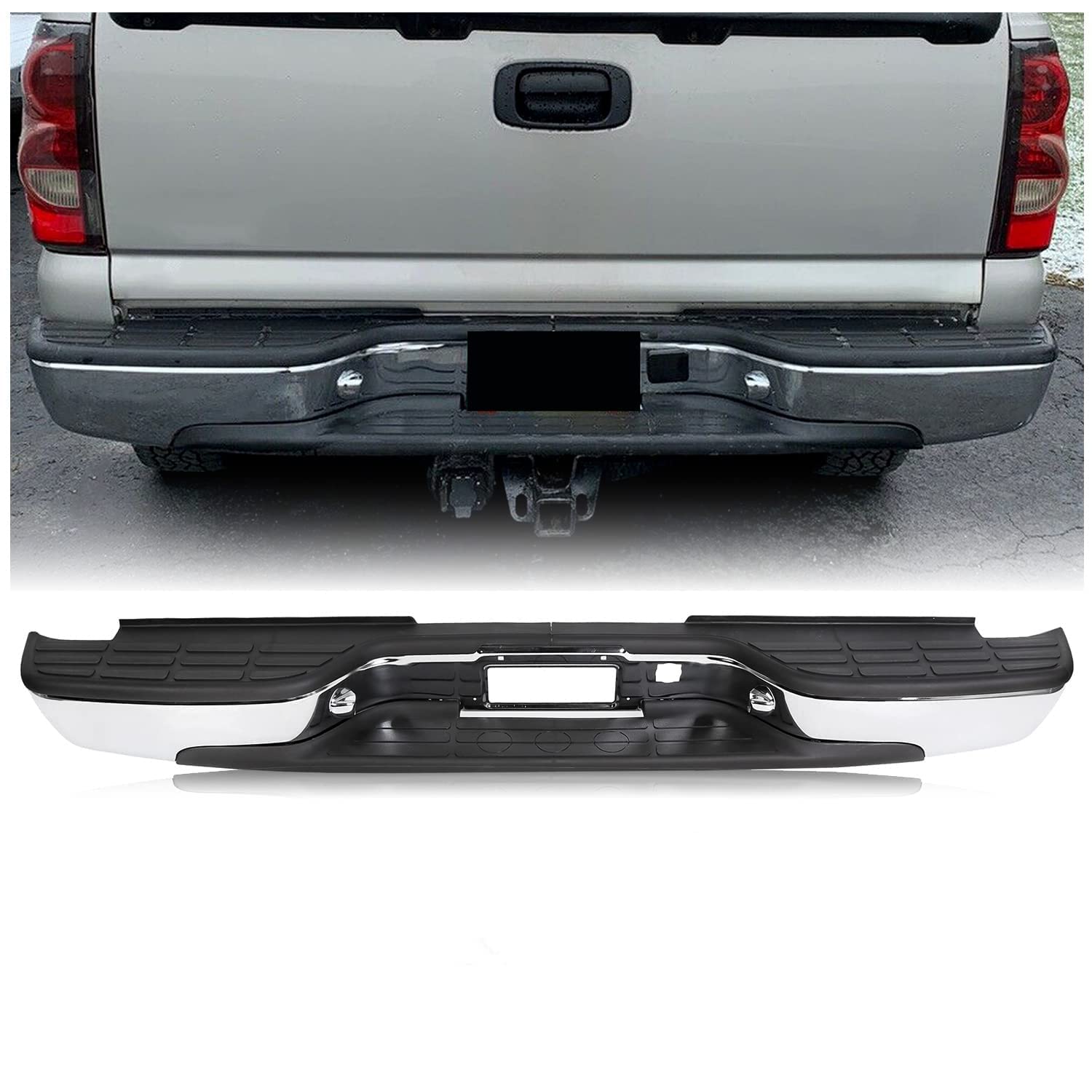 Ecotric Rear Step Bumper Bar Chrome Compatible With 1999-2006 Chevy Chevrolet Silverado Gmc Sierra 1500 2500 W/Pad & License Pla
