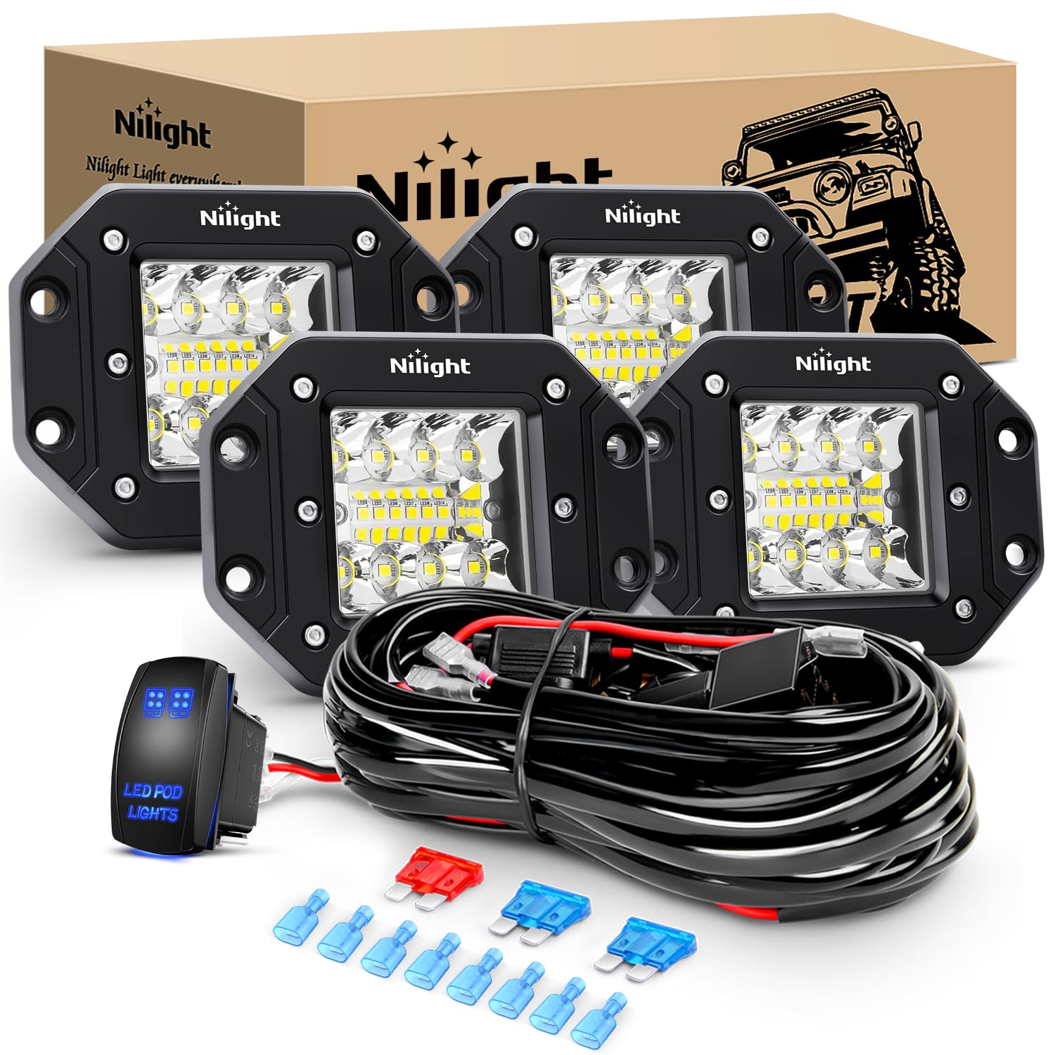 Nilight 4Pcs 42W Flush Mount Led Pods Spot Flood Combo Beam Driving Light Backup Light Reverse Light Grill Mount Light With 16Aw