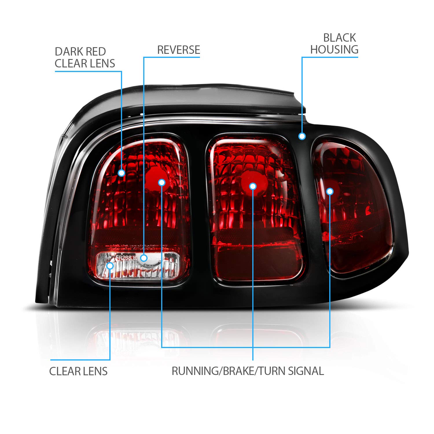 Amerilite For 1994-1998 Ford Mustang Black Housing Dark Red Oe Style Replacement Brake Tail Lights Set - Passenger And Driver Side