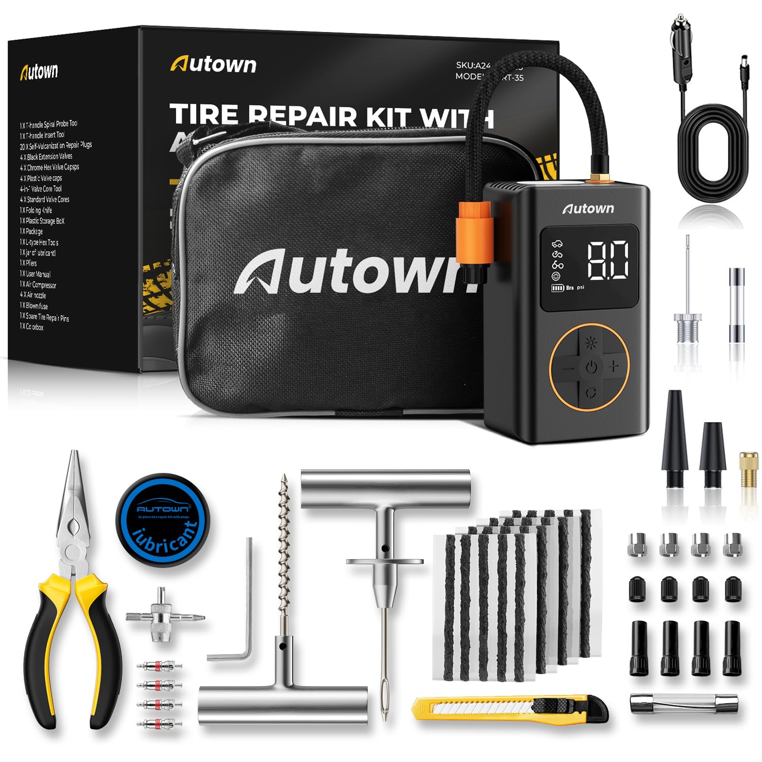 Autown Flat Tire Repair Kit With Air Compressor 54 Pieces For Car, Motorcycle, Atv, Jeep, Truck, Tractor Flat Tire Repair (54Pcs
