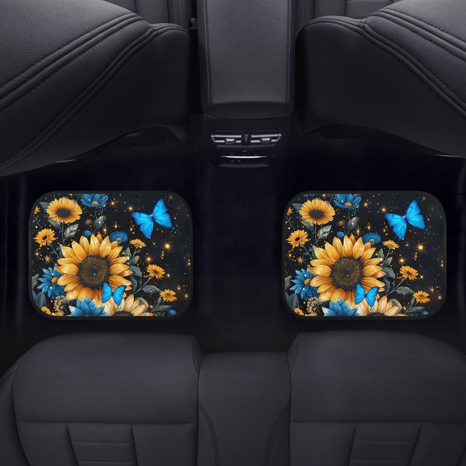 FUIBENG 4 Piece Sunflower Car Floor Mats Full Sets Blue Butterfly Yellow Sunflower Floor Mats for Vehicle Front and Back,Stain R
