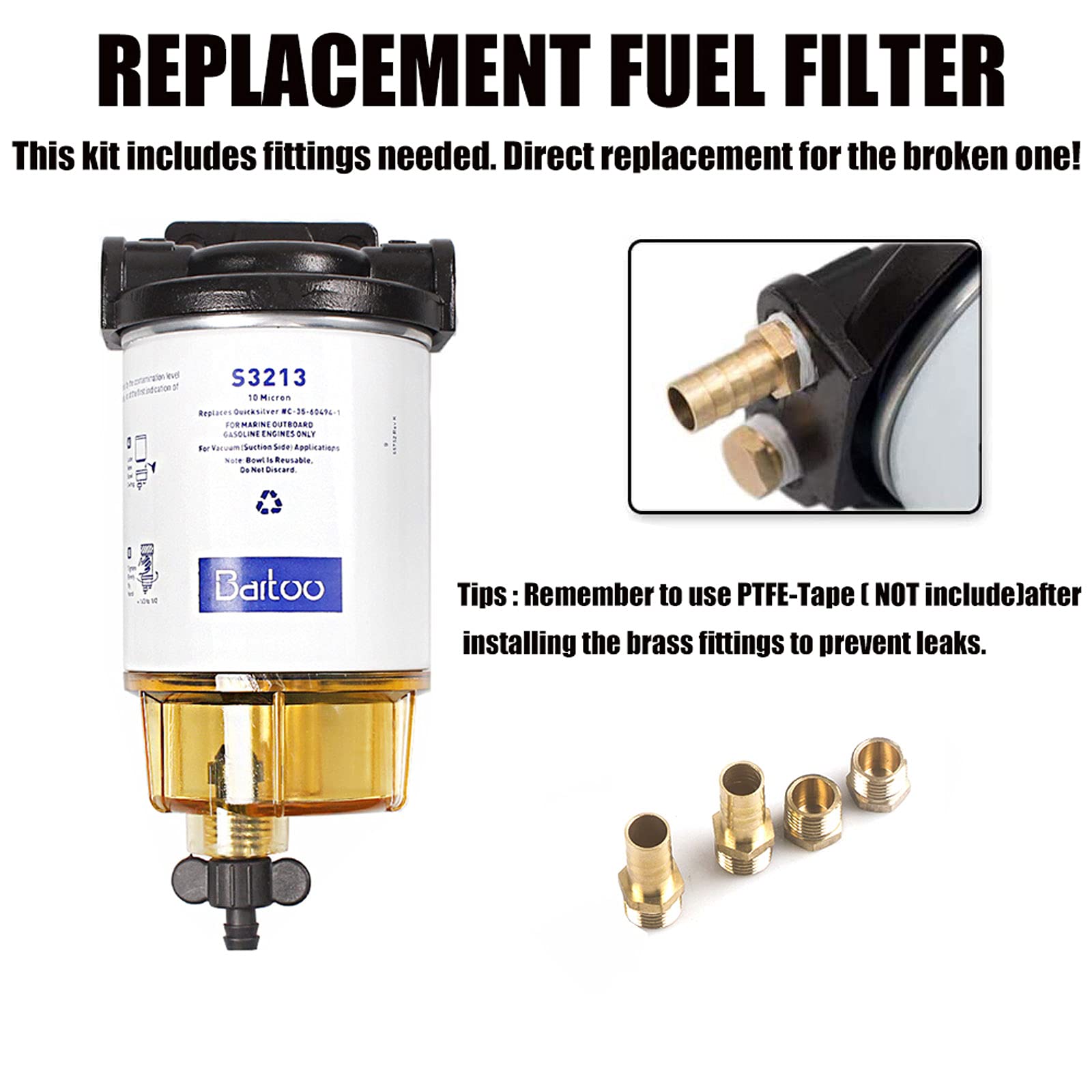 Bartoo S3213 Fuel Water Separator Marine,3/8 Inch Npt Port For Outboard Motor Mercury 35-60494-1 Yamaha Racor Sierra Engine Boat