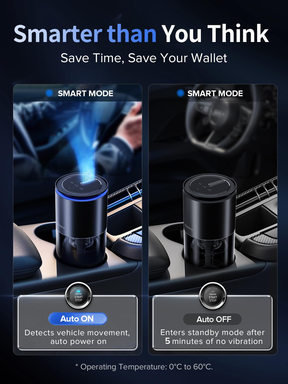 Ceeniu Car Air Freshener, Smart Ultrasonic Diffuser CF12 Pro, Enlarged Spray Nozzle, Auto On/Off, Adjustable Mode, 60-Day Powerf