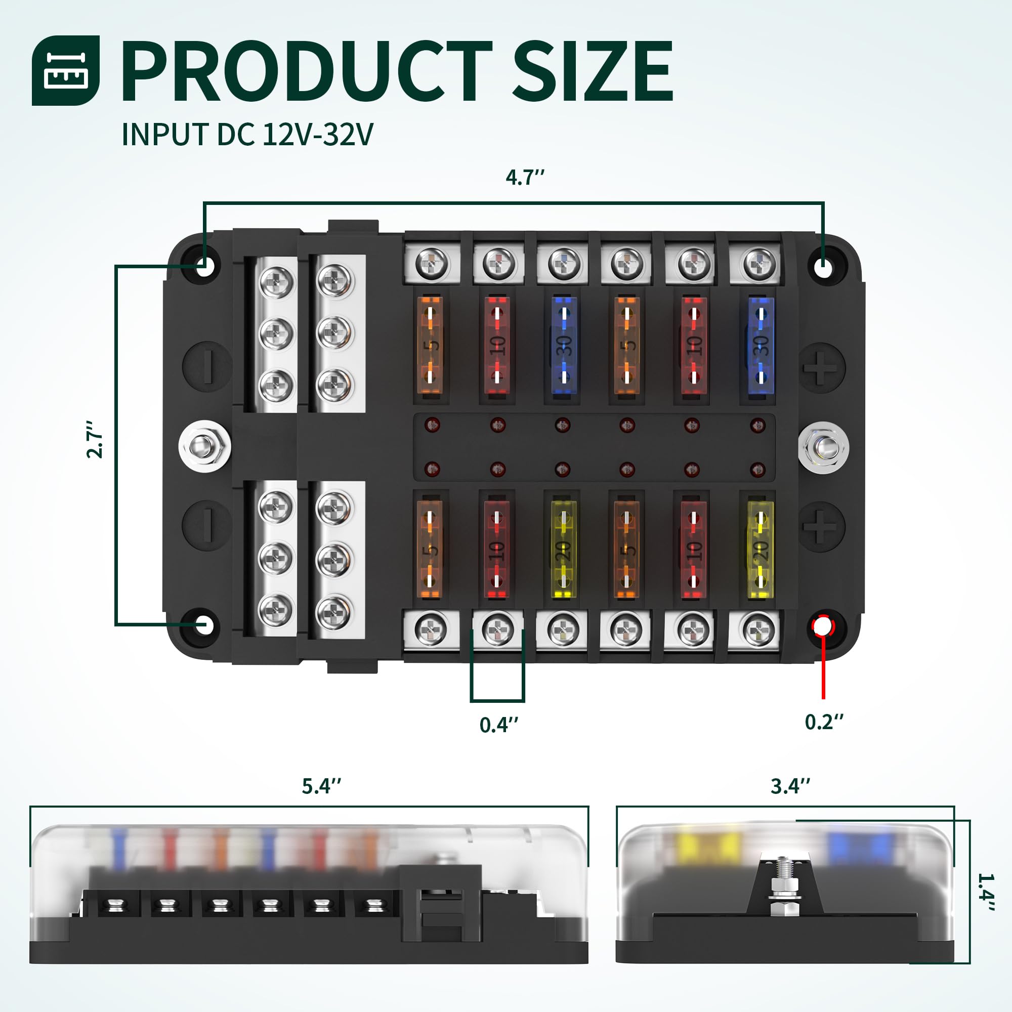 Daiertek 12 Way Fuse Block, 12 Volt Blade Fuse Block With Led Indicator 12 Circuit Fuse Box 12V Ato/Atc Marine Fuse Panel 24V Wi