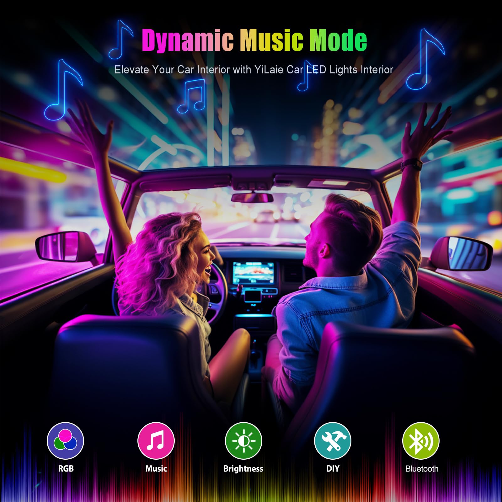 Yilaie Car Lights Interior, Multcolor Rgb Interior Lights With App Control And Music Sync, Usb Under Dash Lighting Kit With Char