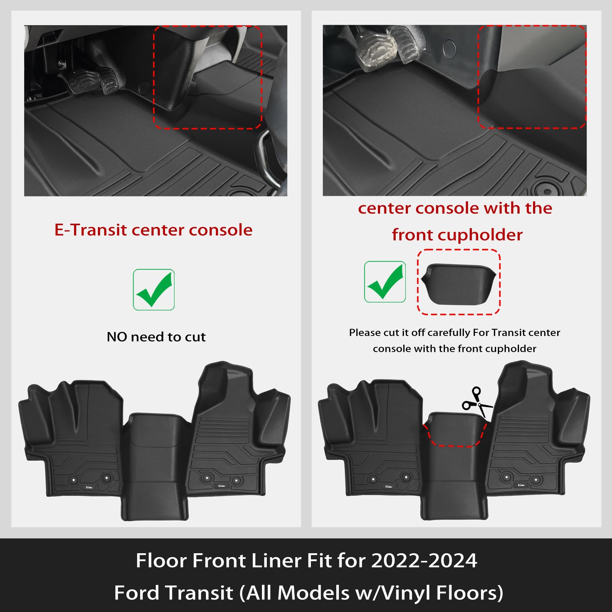 Karpal Floor Mat Front Liner Fit For 2022-2024 Ford Transit (All Models W/Vinyl Floors), Custom Fit Tpe All Weather Ford Transit