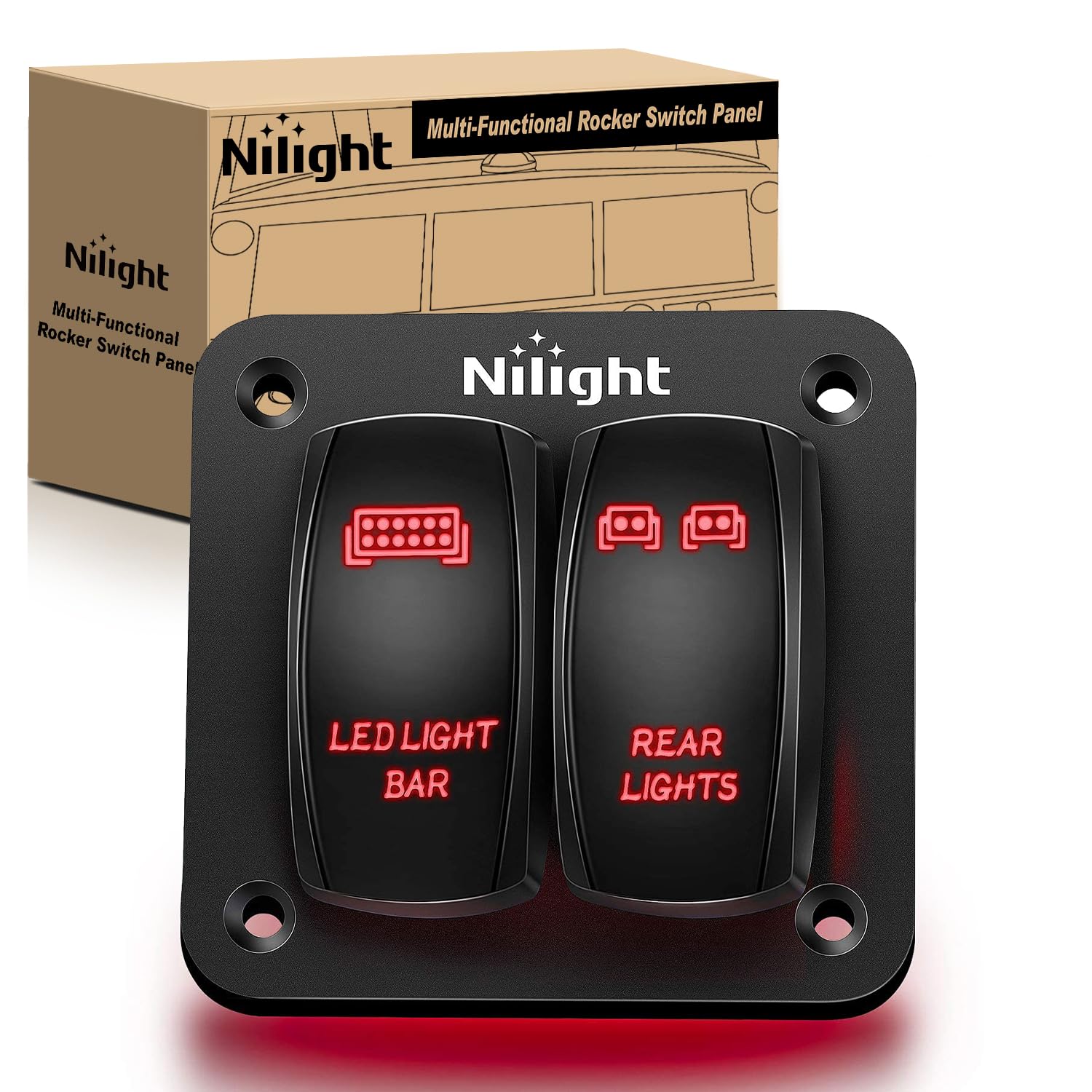 Nilight 2 Gang Rocker Switch Panel LED Light Bar Switch Rear Lights Switch 12 24V DC Red Switches 5Pin ON Off Pre Wired Toggle S