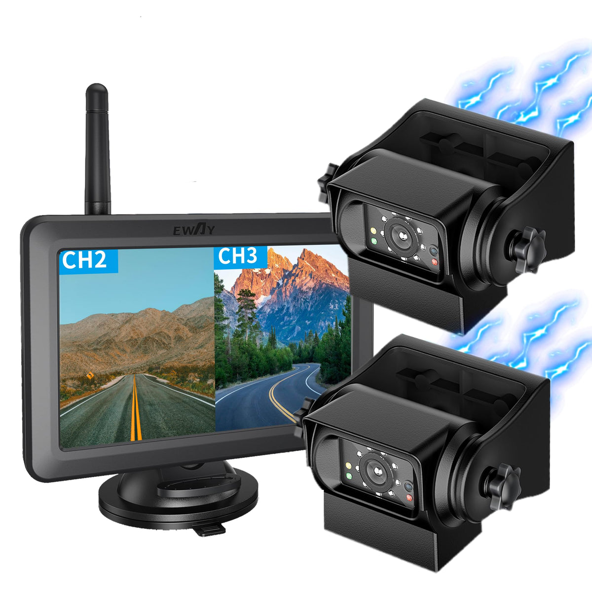 Eway 2 Magnetic Wireless Backup Cameras Hd1080P W/ 5'' Split Screen Monitor Portable No Wiring Trailer Hitch Ir Night Vision Rea