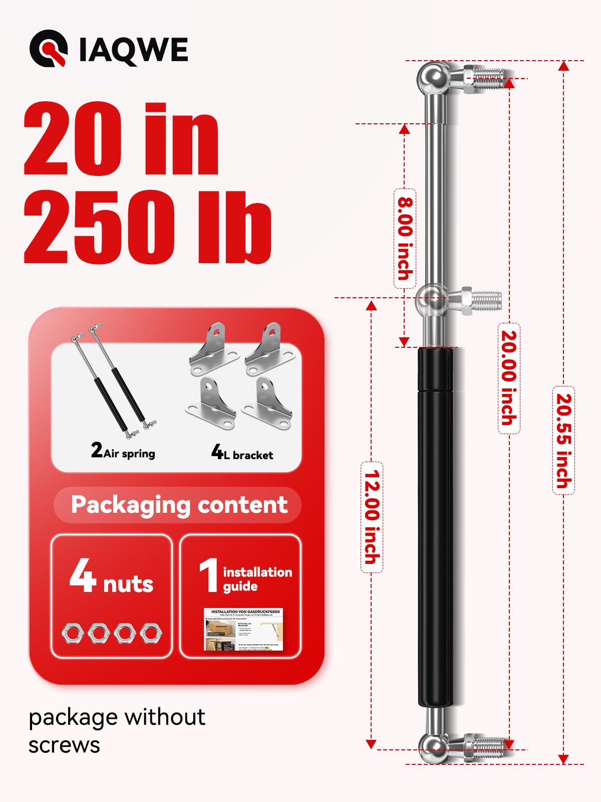 IAQWE 20 Inch Gas Struts Spring Shocks - 250Lb Capacity, Alloy Steel, L-Type Brackets for RV Bed, Tool Box, Trailer (2pcs)