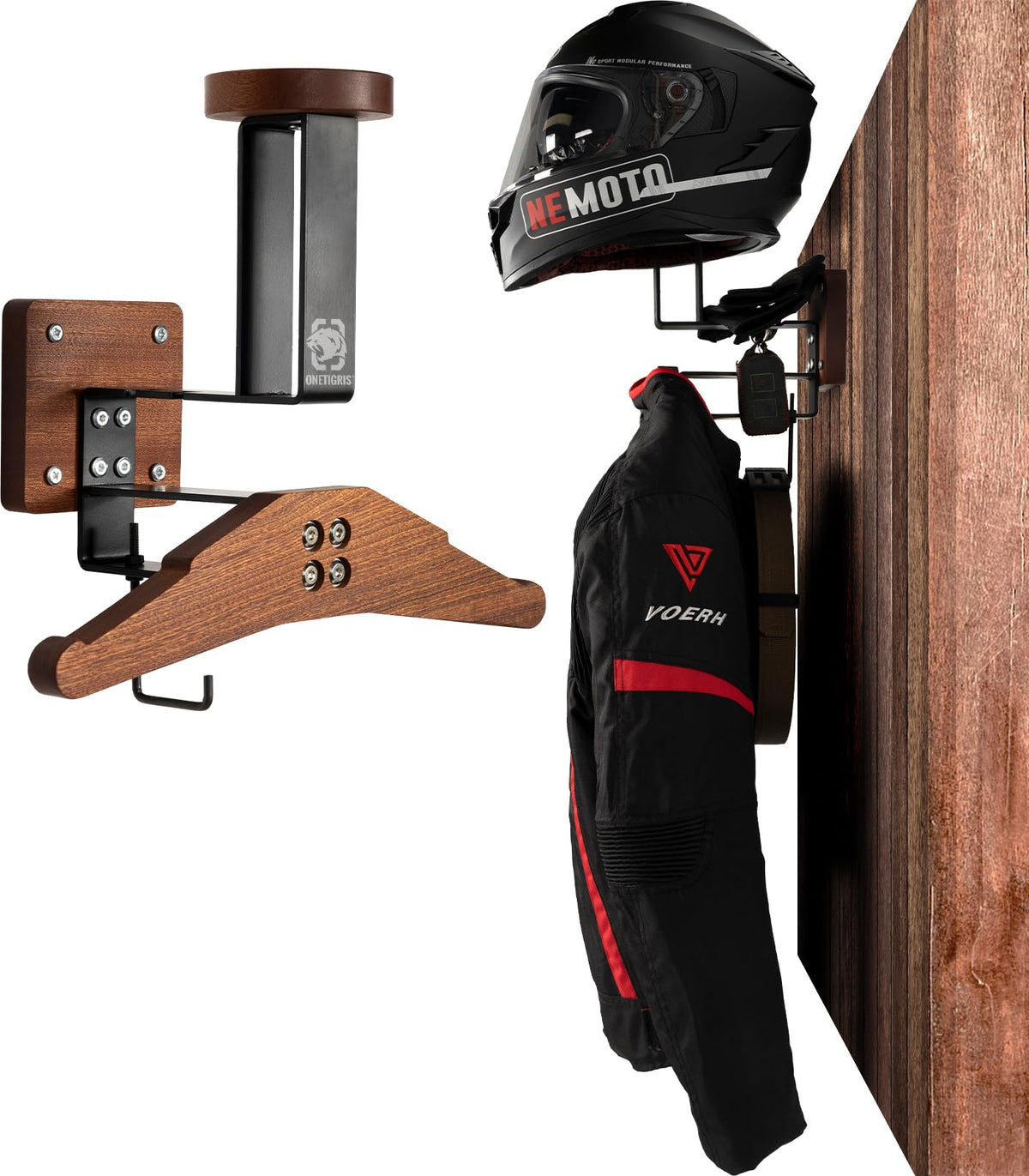 Onetigris Motorcycle Helmet Holder Wall Mount, Tactical Gear Holder With Helmet Stand And Plate Carrier Hanger, Solid Wood Wall Rack Organizer & Display For Police, Football, Cycling Gear